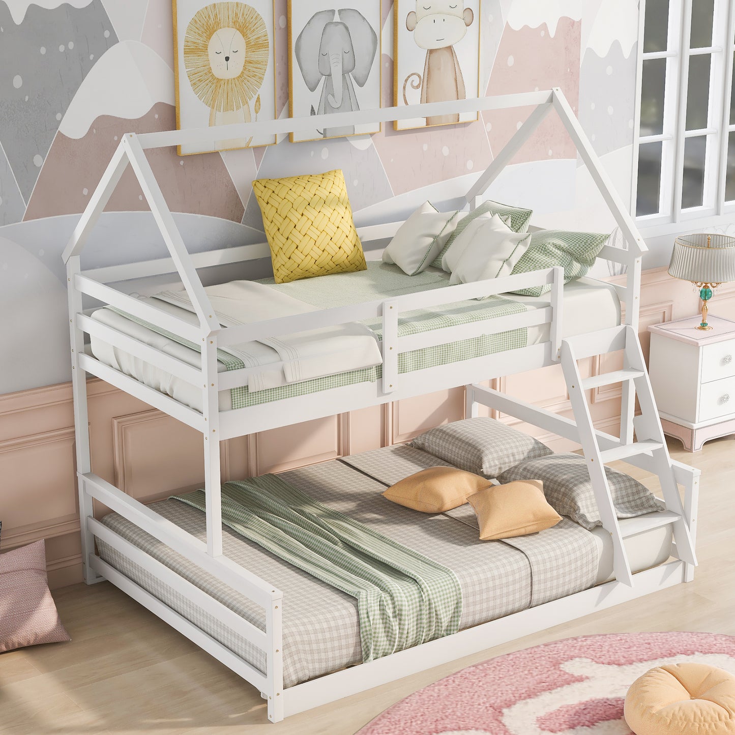 Playful White Twin over Full Bunk Bed with House-Inspired Design