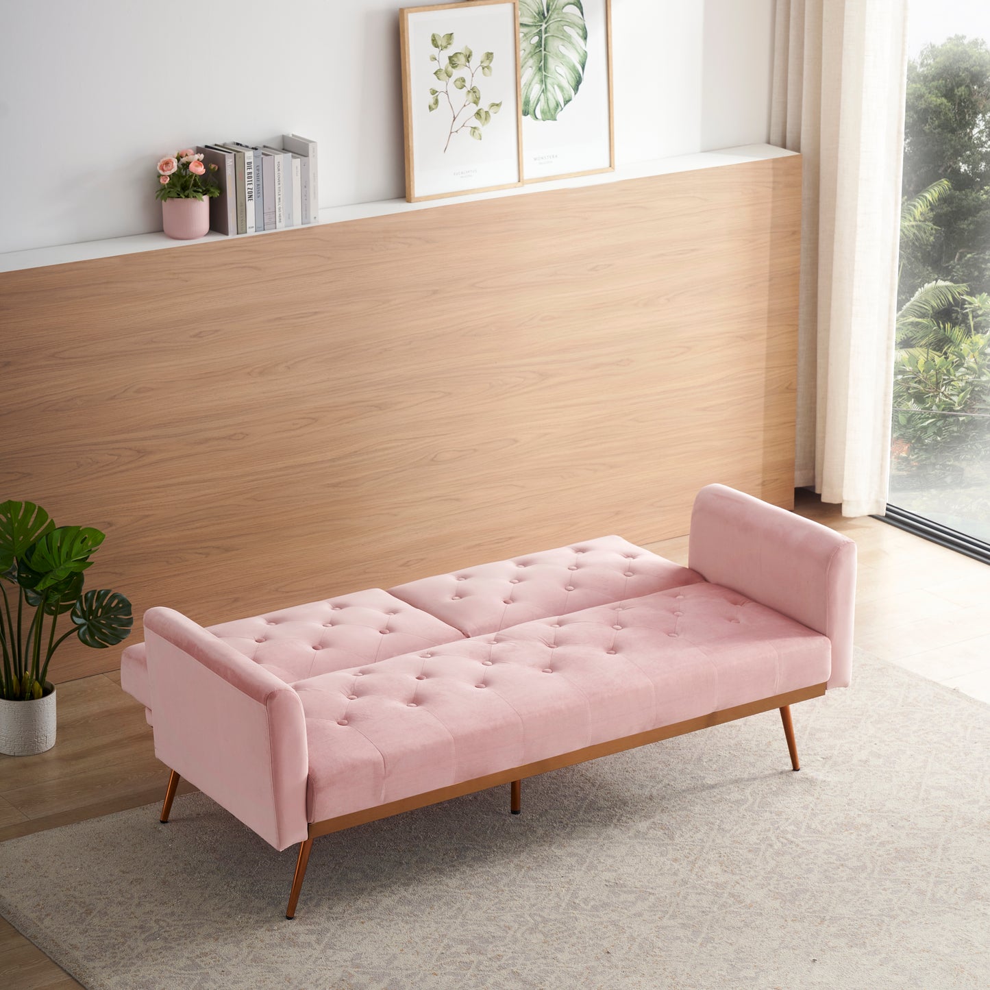 Elegant Pink Velvet Sofa Bed with Nail Head Accents and Throw Pillow