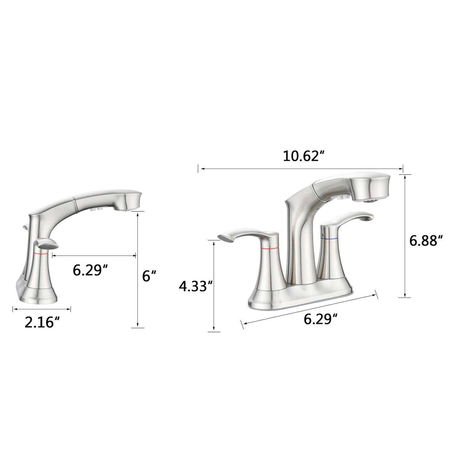 Bathroom Sink Faucet Set with Pull Down Sprayer and 2 Handles - Brushed Nickel Stainless Steel