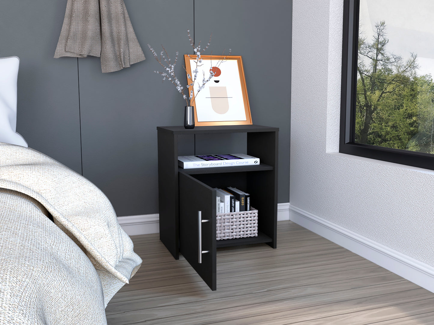 Nordico Nightstand, One Shelf, Single Door Cabinet, Metal Handle -Black