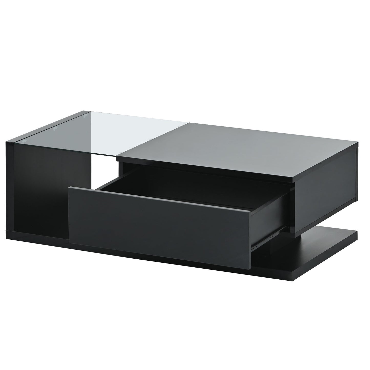 Elegant Black Modernist Coffee Table with Glass Top and Storage Shelf