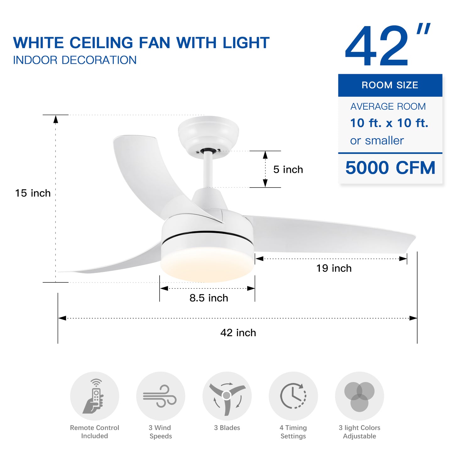 42-inch White ABS Blade LED Ceiling Fan with Integrated Lighting