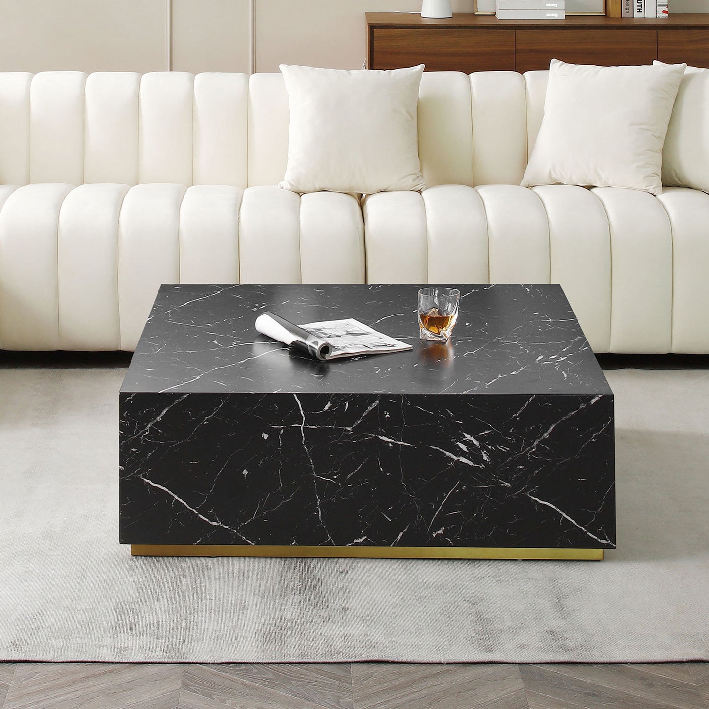 Elegant Black Marble Coffee Table with Gold Base Square Design 39.37W x 13.78H