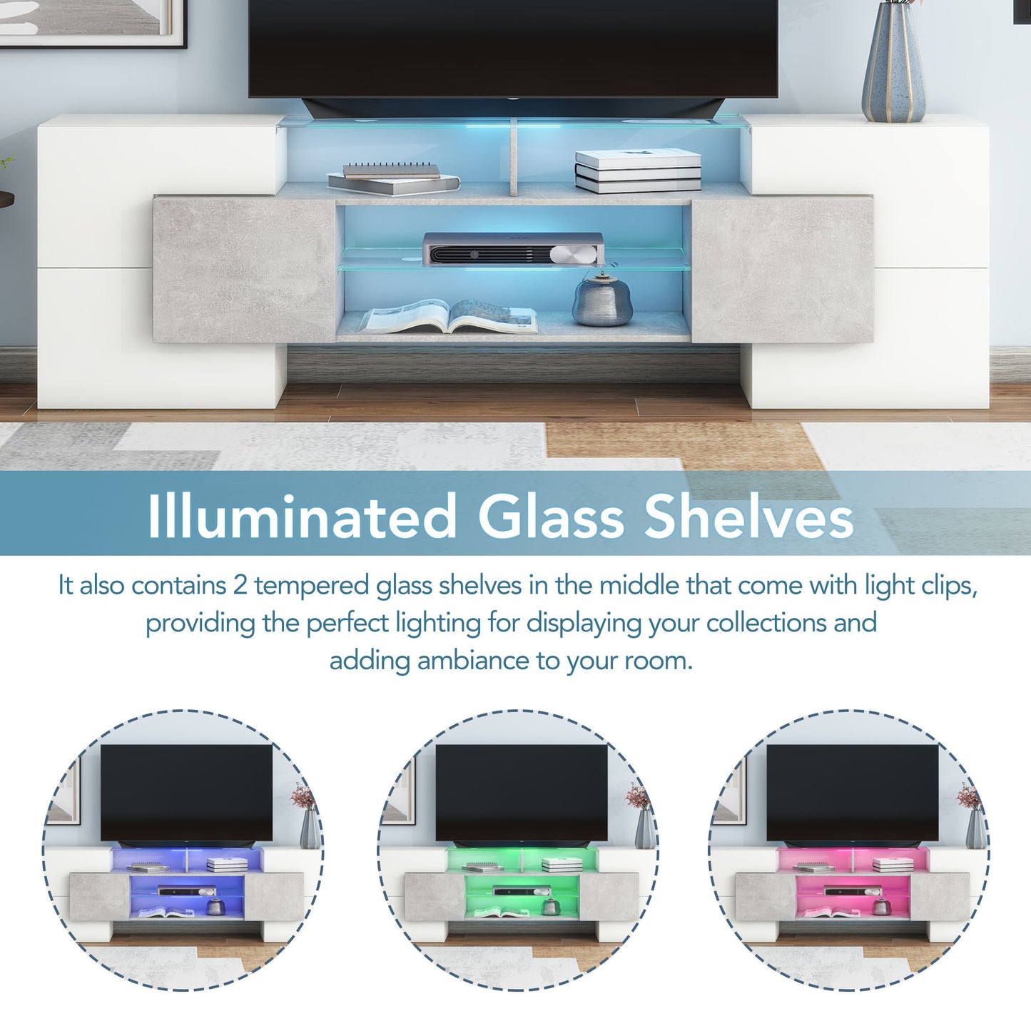 Elegant Grey TV Stand with LED Lights and Glass Shelves for TVs Up to 80 Inches