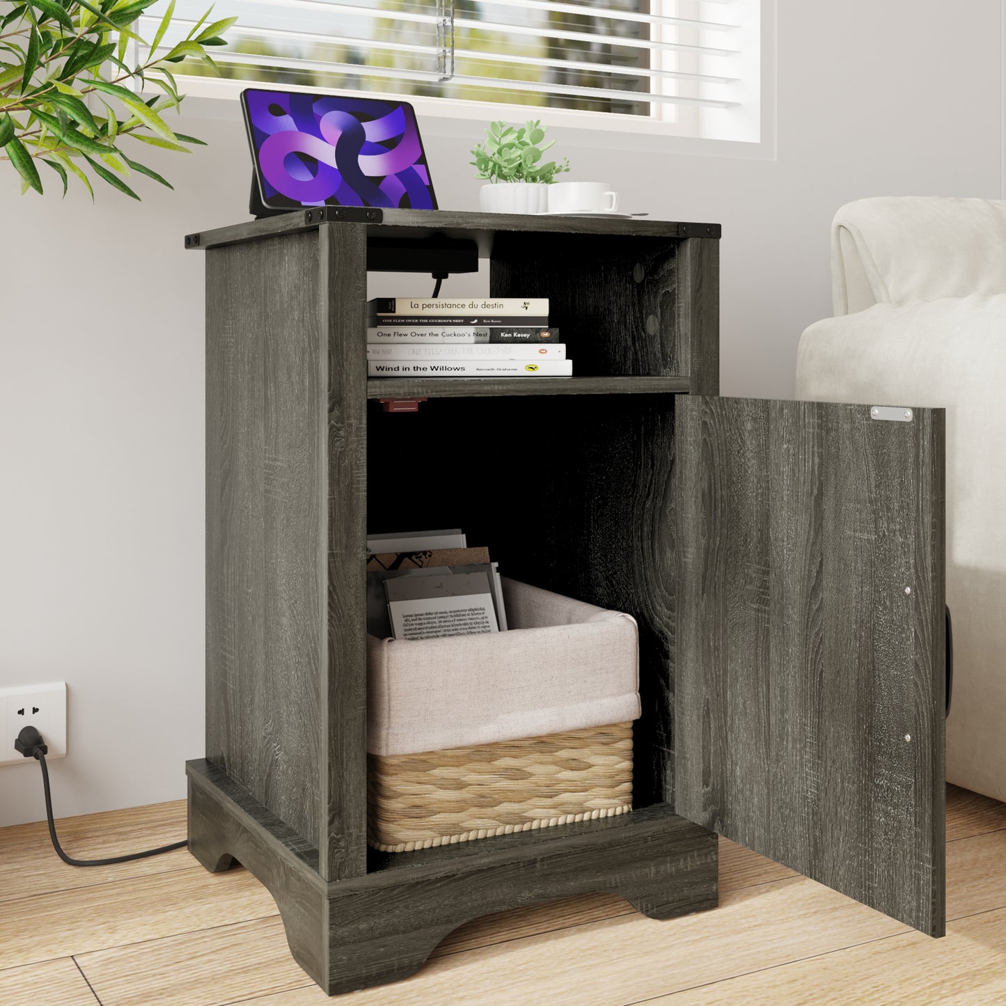 Farmhouse Nightstand Side Table, Wooden Rustic End Table, Tall Bedside Table with Electrical Outlets Charging Station - Dark Gray