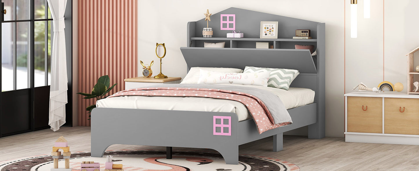 Wooden Twin Size House Bed with Storage Headboard ,Kids Bed with Storage Shelf,Grey