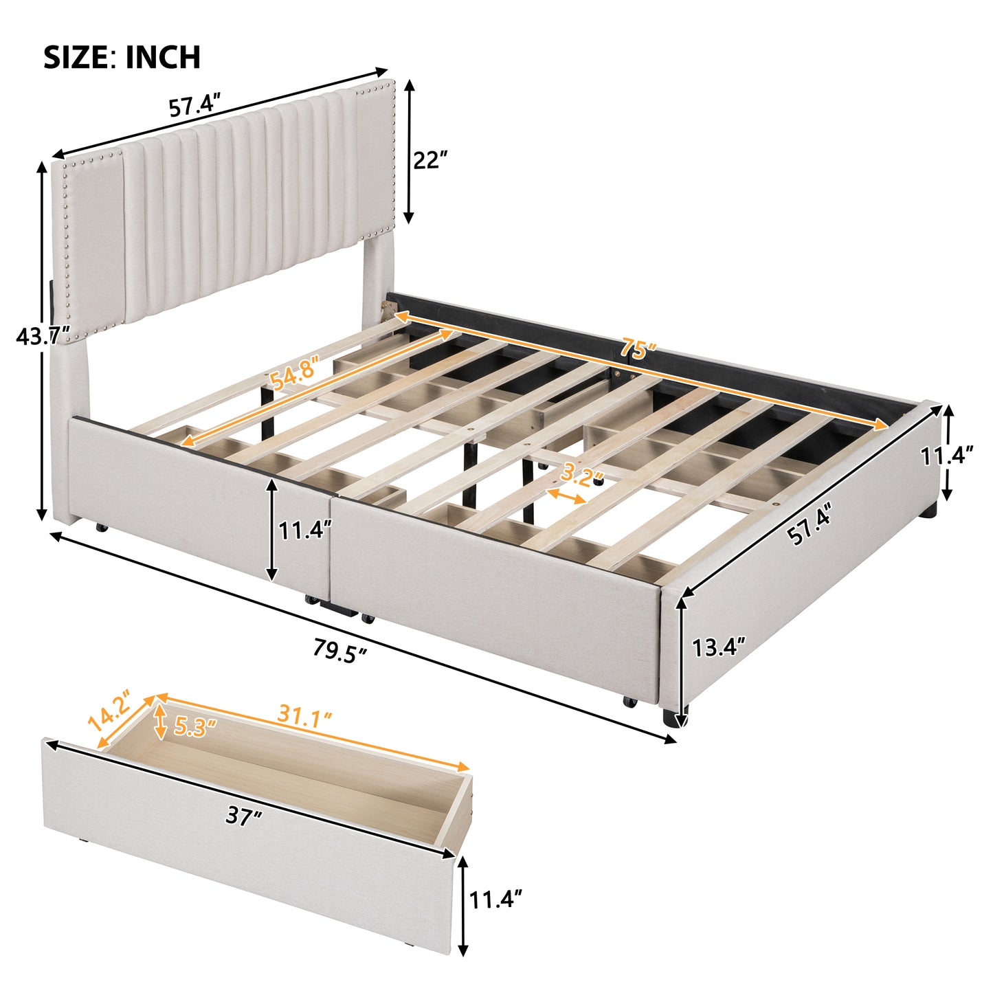 Full Size Upholstered Platform Bed with Classic Headboard and 4 Drawers, Linen Fabric, Beige