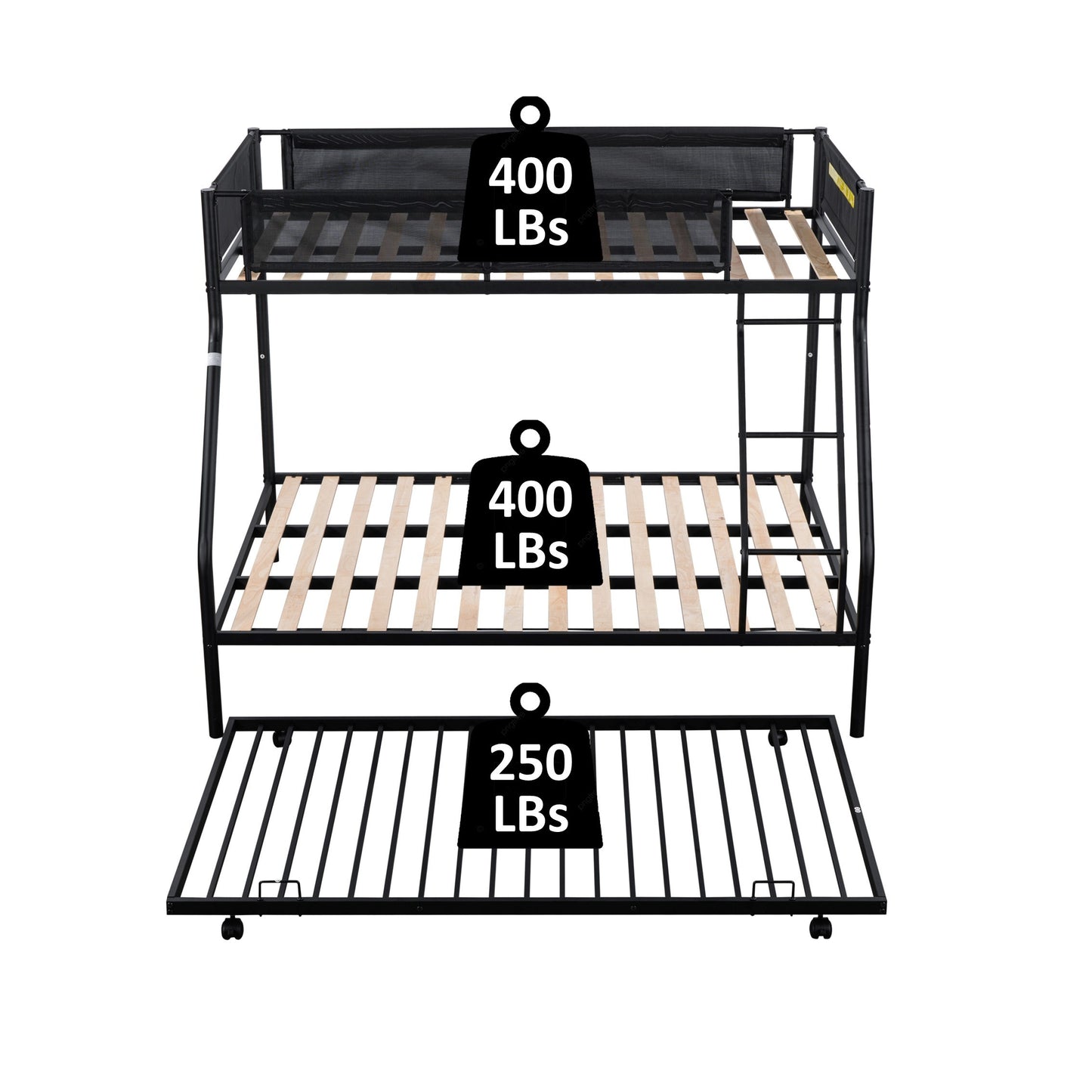 Triple Sleeper Metal Bunk Bed Set with Trundle - Durable Frame, Silent Slats, Secure Guardrail, Efficient Space-Saving Solution