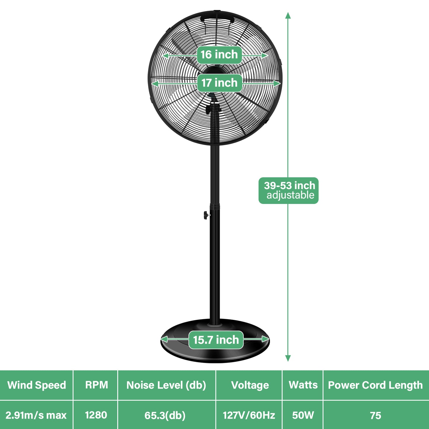 Adjustable Heights High Velocity Stand Fan with 75° Oscillation, Low Noise, Quality Construction, 3 Speed Settings