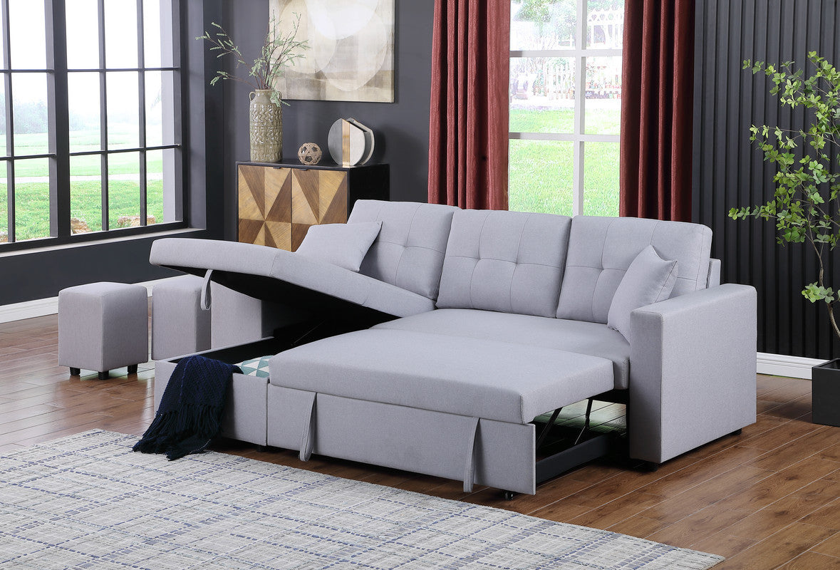 Dennis Light Gray Linen Fabric Reversible Sleeper Sectional with Storage Chaise, Stools, Throw Pillows