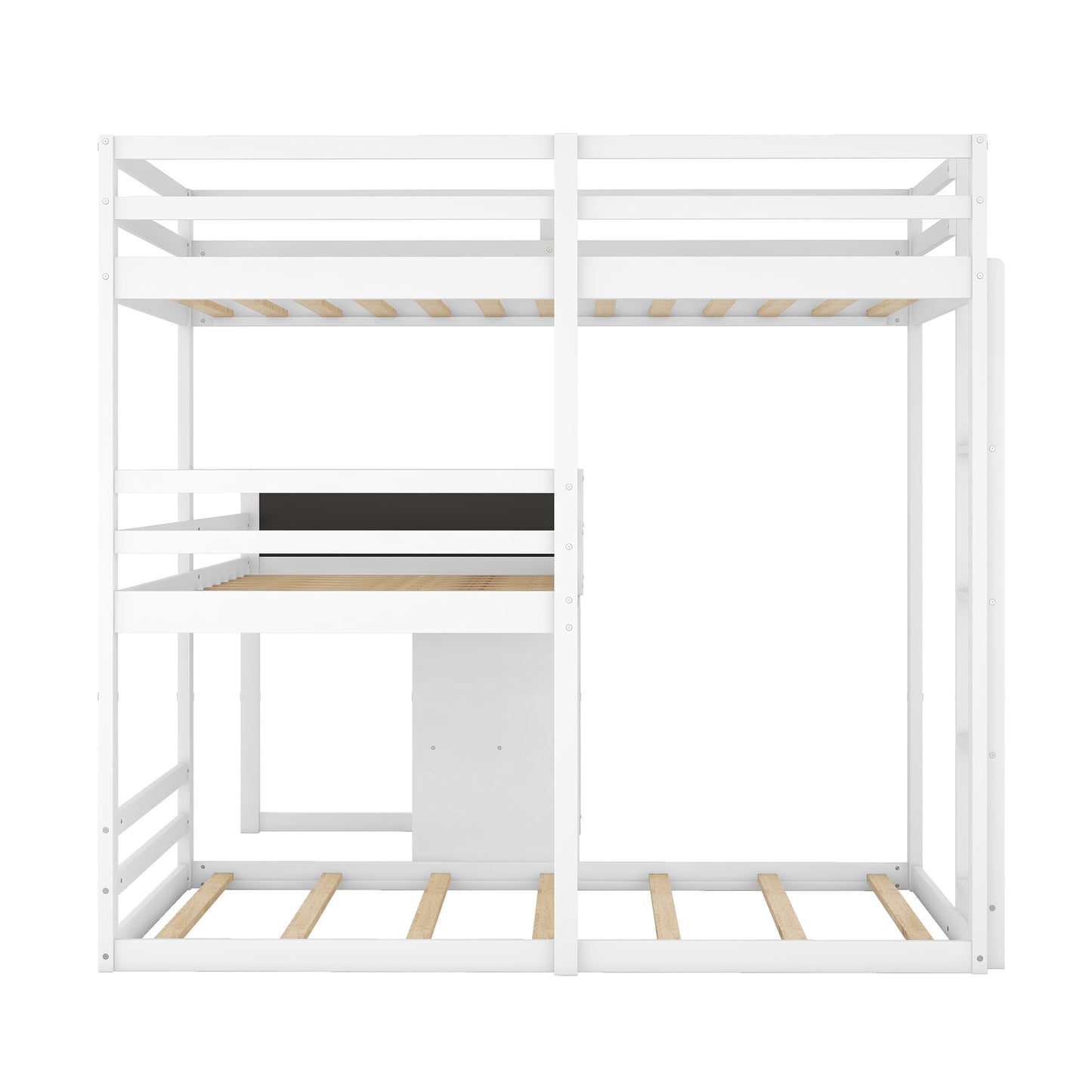 L-Shaped Triple Bunk Bed with Storage Cabinet, Blackboard, and White Finish - Innovative Space-Saving Solution