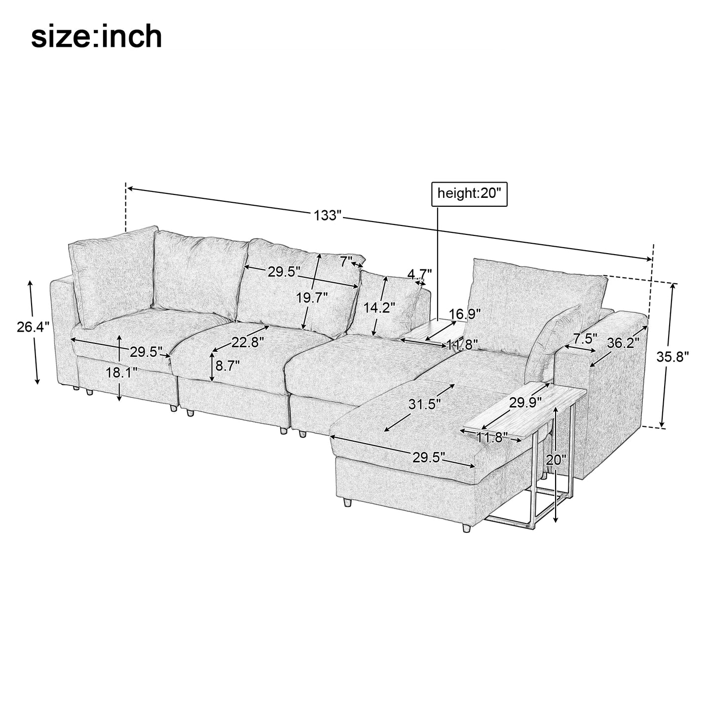 U_STYLE Modern Large L-Shape Sectional Sofa for Living Room, 2 Pillows and 2 End Tables