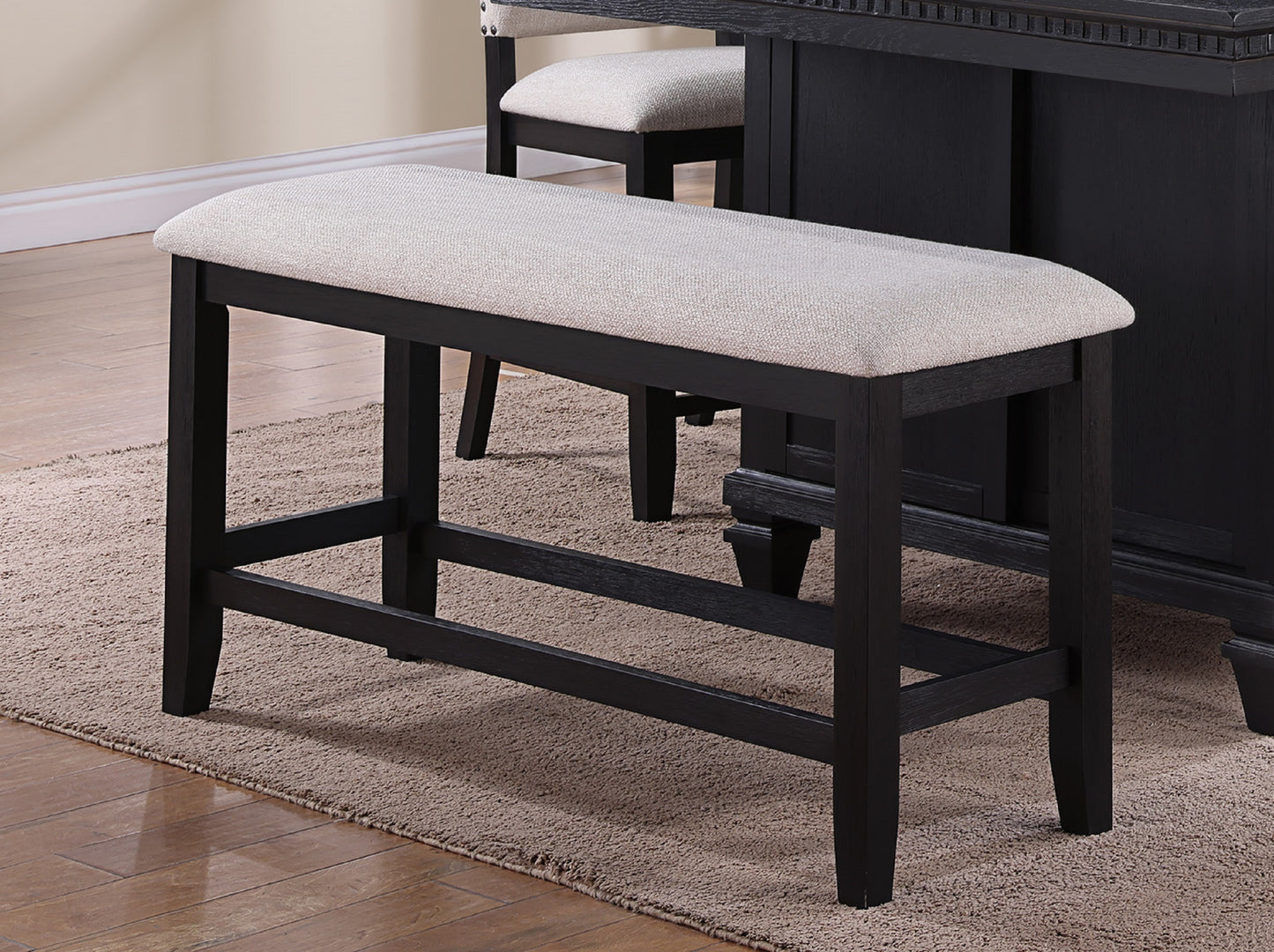 1pc Transitional Relaxed Vintage Style Charcoal Black Finish Counter Height Bench Fabric Upholstery Dining Room Solid Wood Wooden Furniture