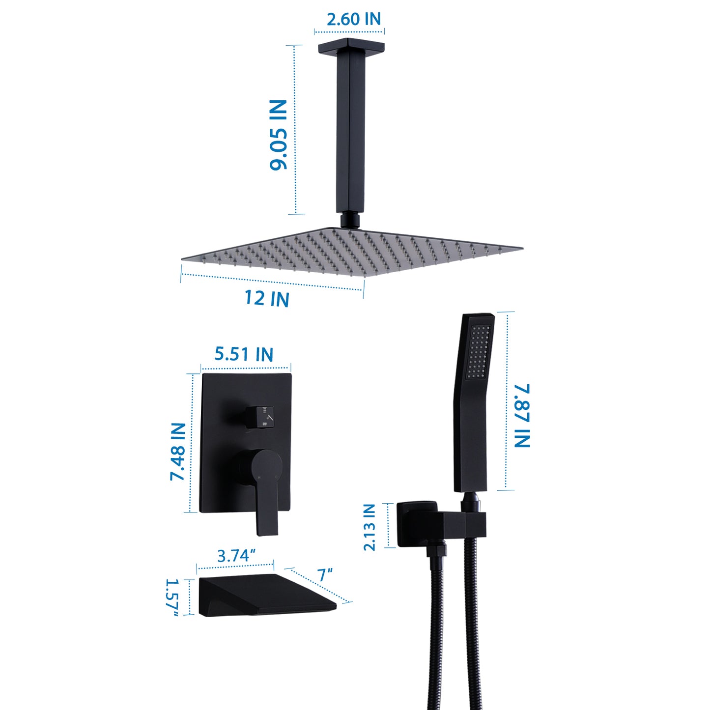 Shower System with 12 Rain Shower Head, Waterfall Tub Spout, and Handheld Shower