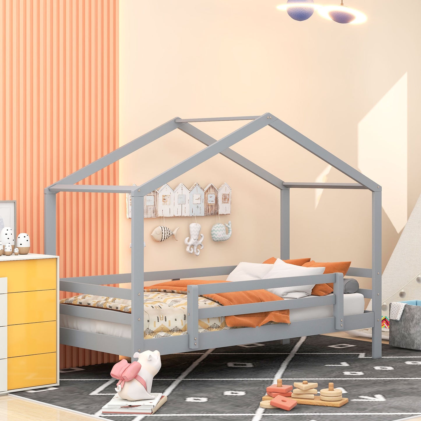 House-Themed Twin Bunk Bed with Slide, Roof, and Ladder for Kids