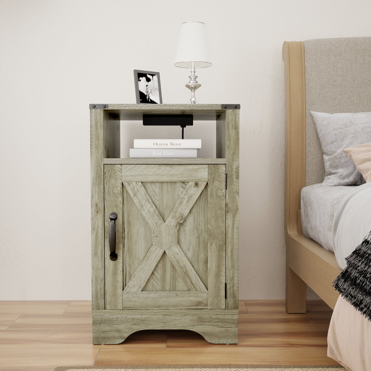 Farmhouse Nightstand Side Table, Wooden Rustic End Table, Tall Bedside Table with Electrical Outlets Charging Station  - Light Grey