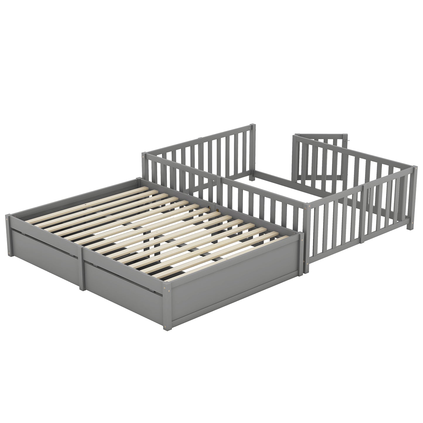 Full Size Wood Daybed with Fence Guardrails and 2 Drawers, Used as Independent Floor Bed & Daybed, Gray