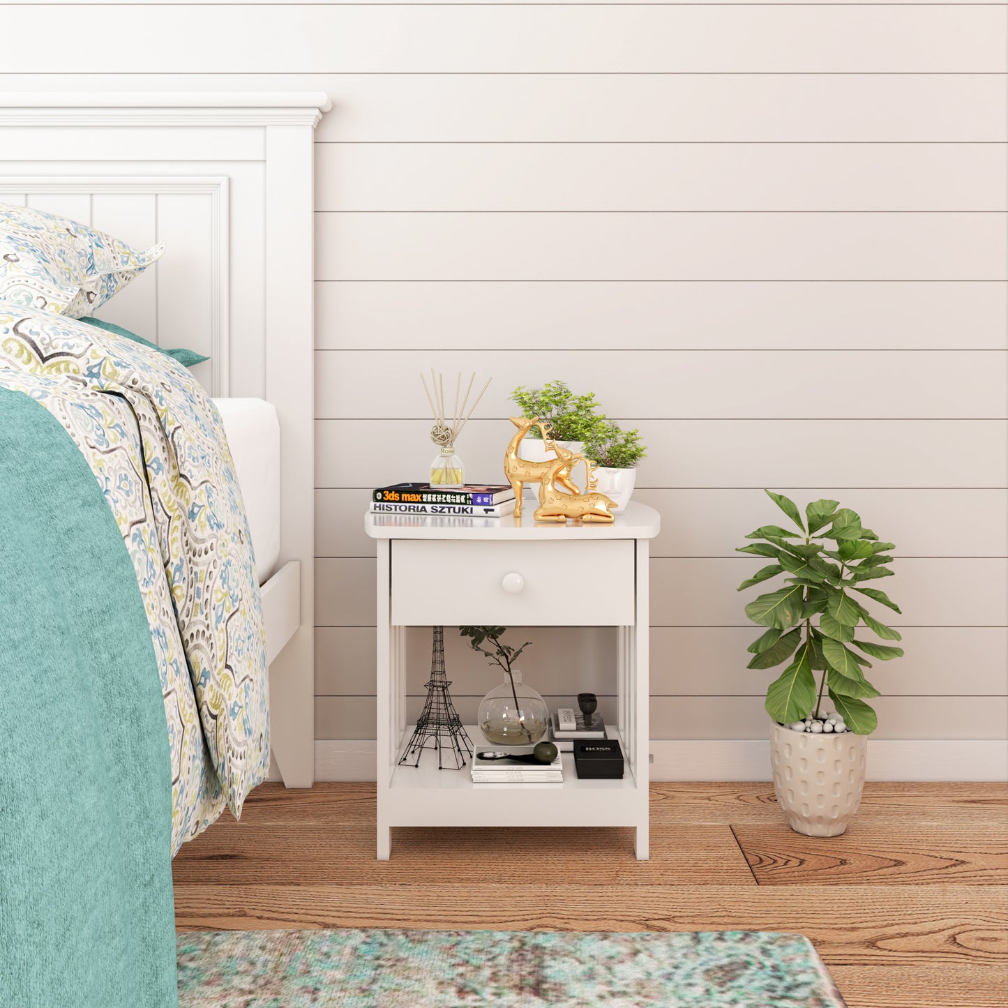 Mission Side Table, 1 Drawer Bedside Table with A Shelve Solid Wood Structure In White Paint Spray, Wooden Nightstand For Bedroom End Table For Living Room, Small Table- White