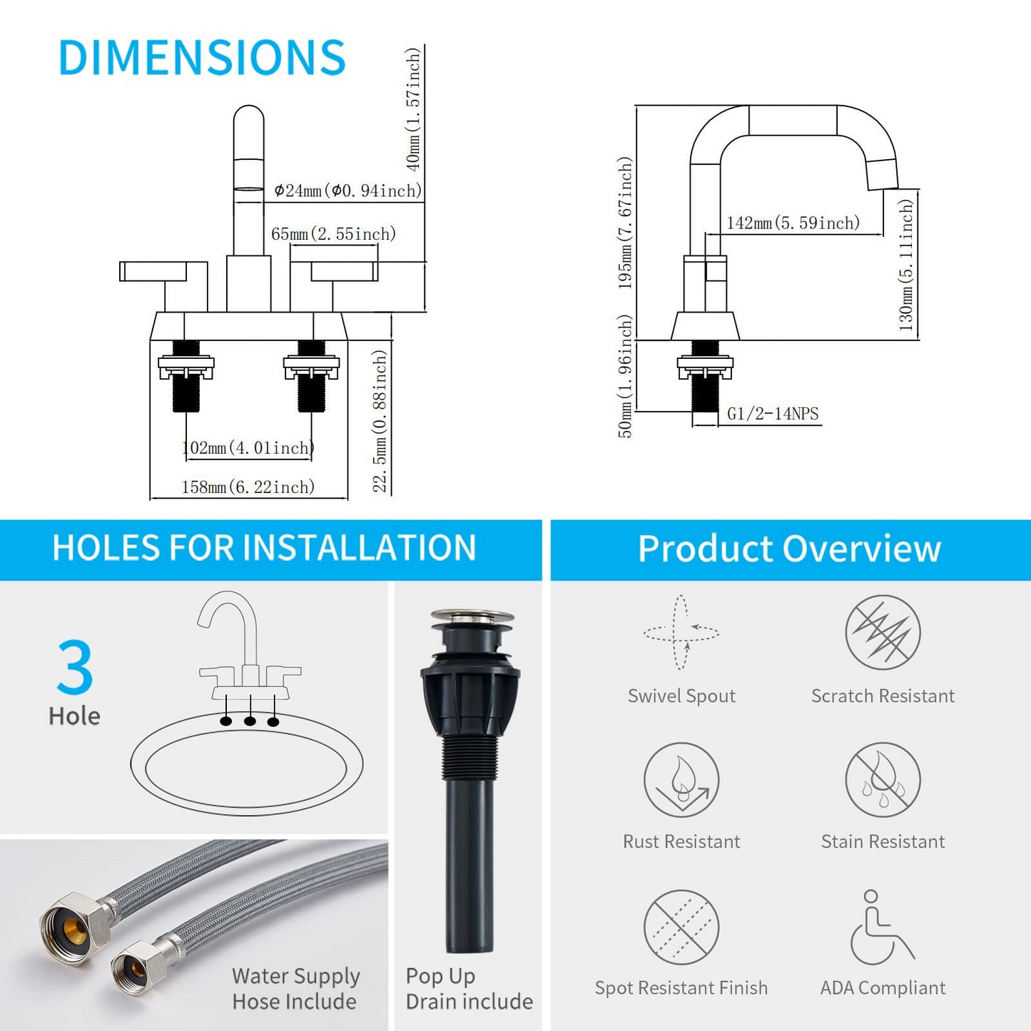 Modern Brushed Nickel 2-Handle Bathroom Sink Faucet