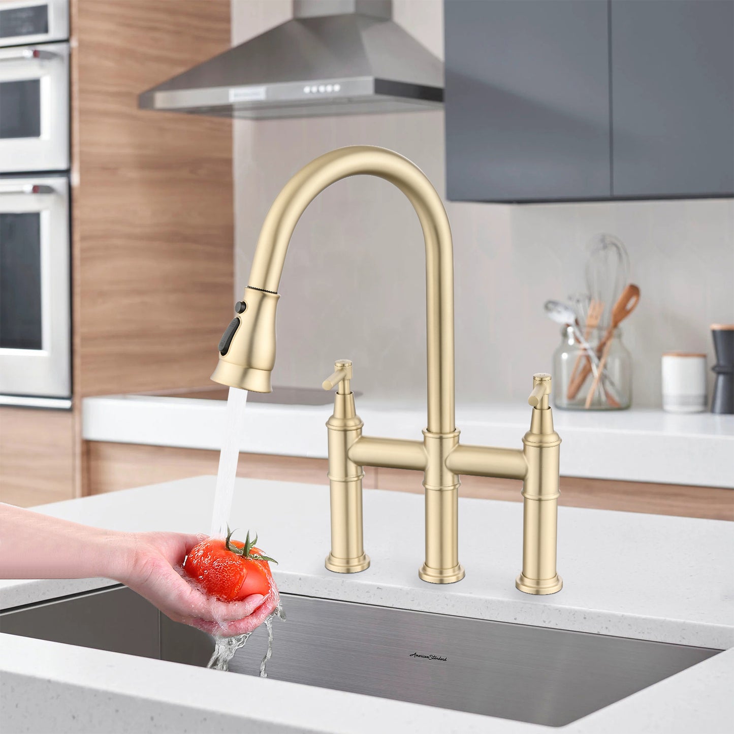 Double Handle Bridge Kitchen Faucet With Pull-Down Spray Head