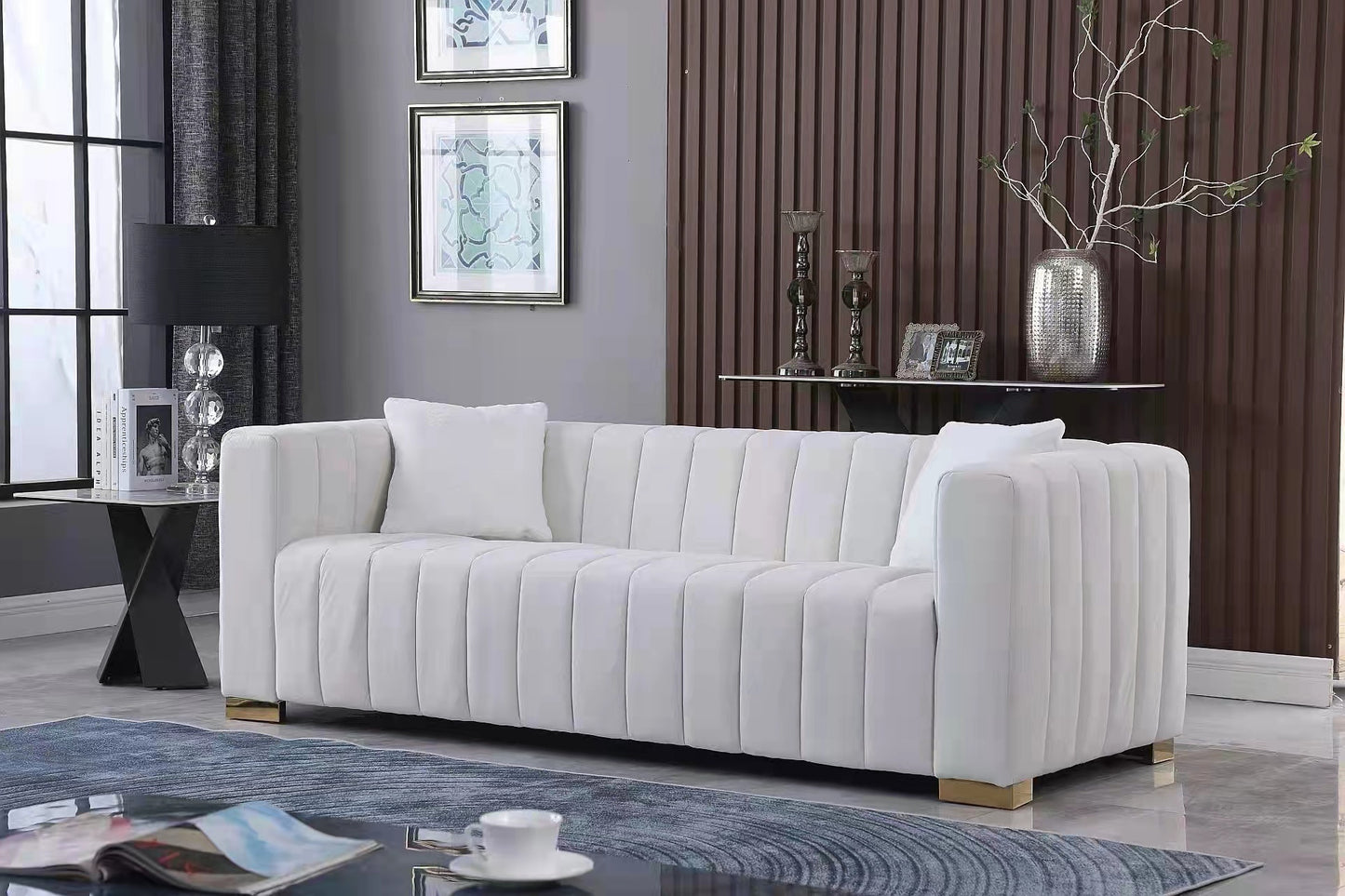 A modern  channel sofa  take on a traditional Chesterfield,White color,loveseater