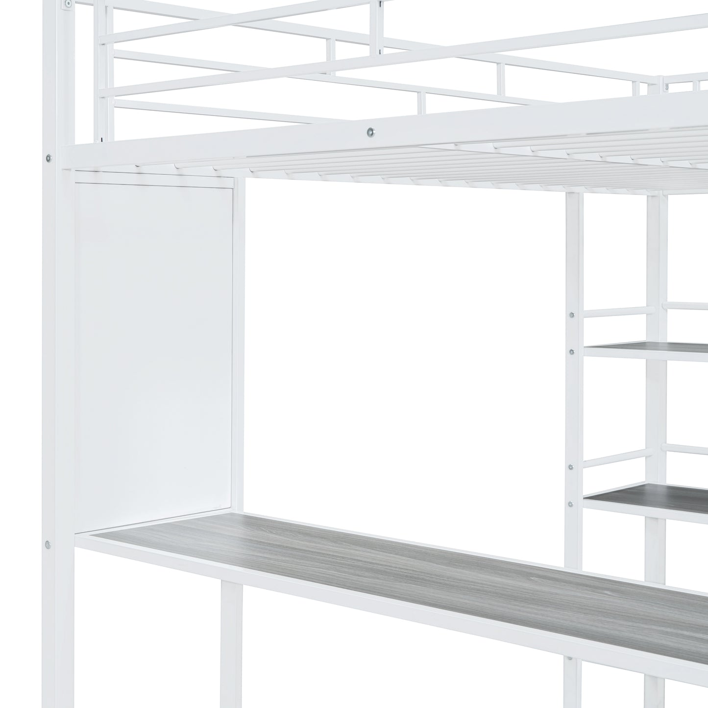 Full Size Loft Metal Bed with 3 Layers of Shelves and Desk, Stylish Metal Frame Bed with Whiteboard, White