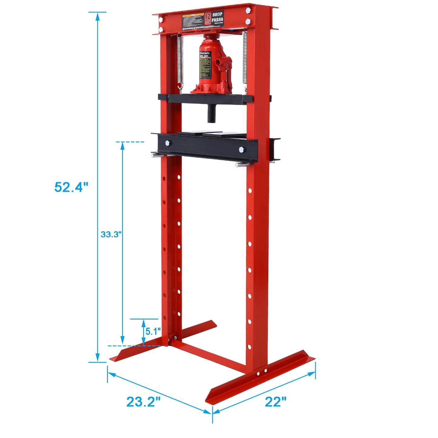 Hydraulic Shop Press ,12-Ton Capacity , Floor Mount ,with Press Plates, H-Frame Garage Floor Press, Adjustable Working Table Height,red
