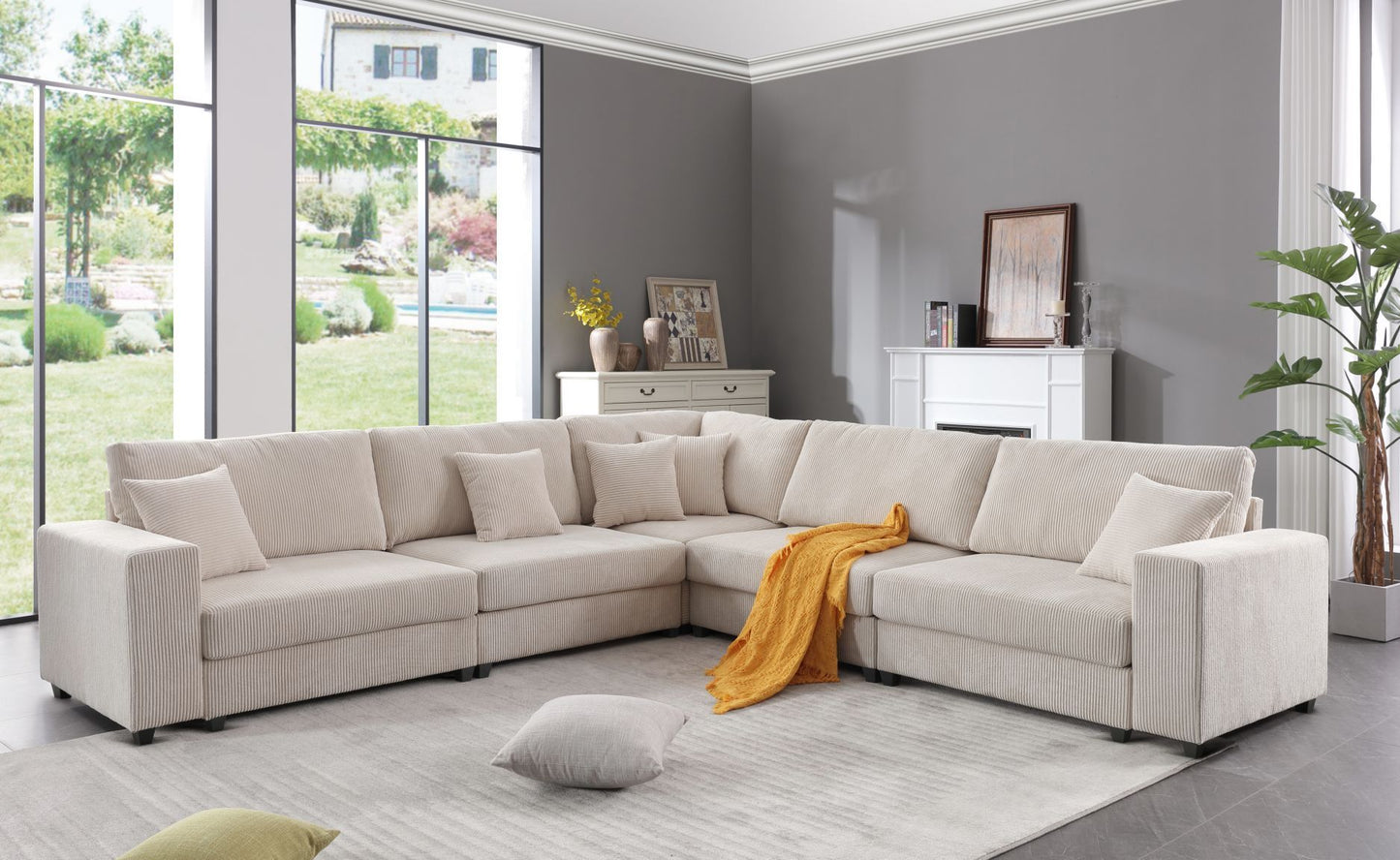 Oversized Modular Sectional Sofa Set,Corduroy Upholstered Deep Seat Comfy Sofa   Beige