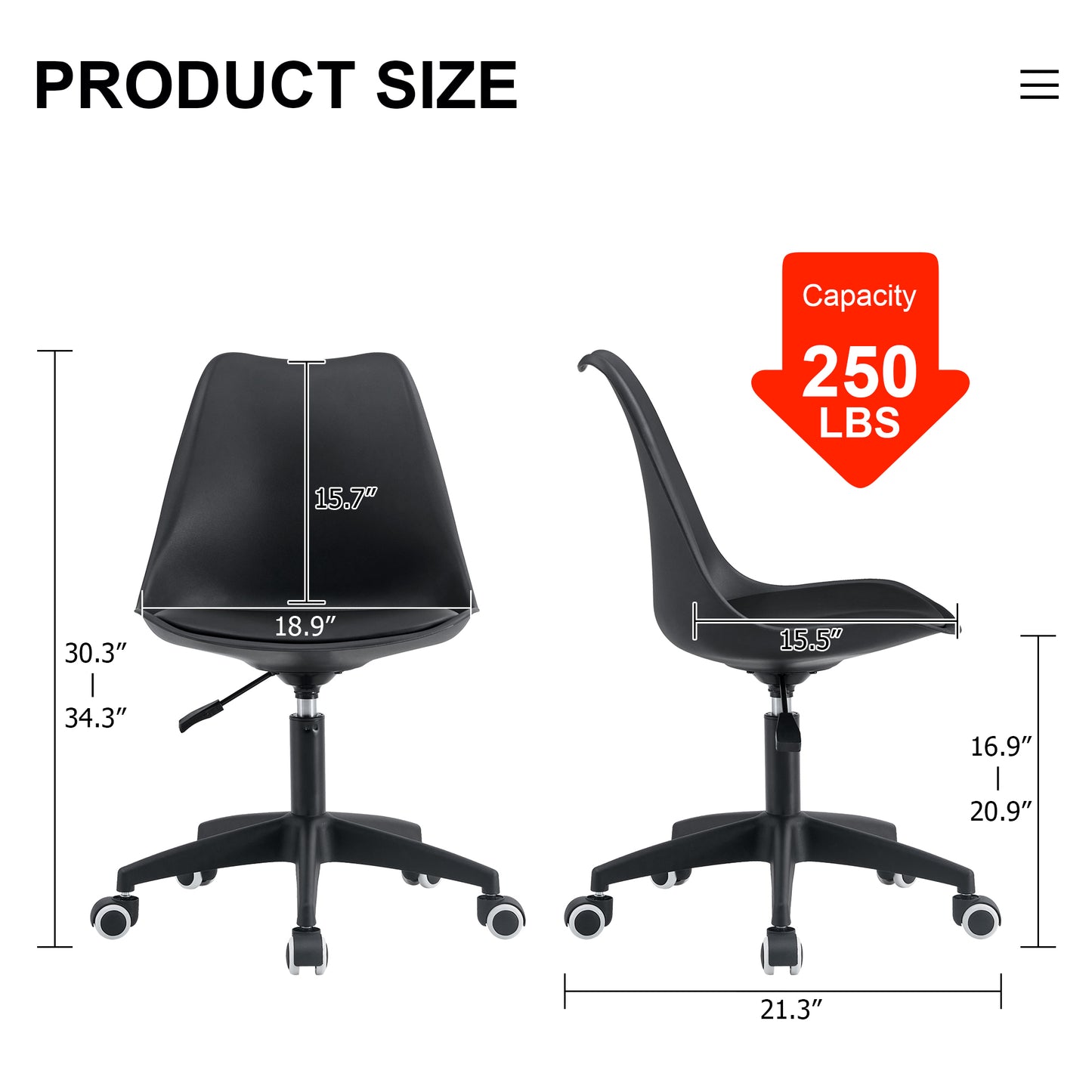 Modern family black Office chair, adjustable 360 ° swivel chair engineering plastic armless swivel computer chair, suitable for living room, bedroom, office, hotel dining room