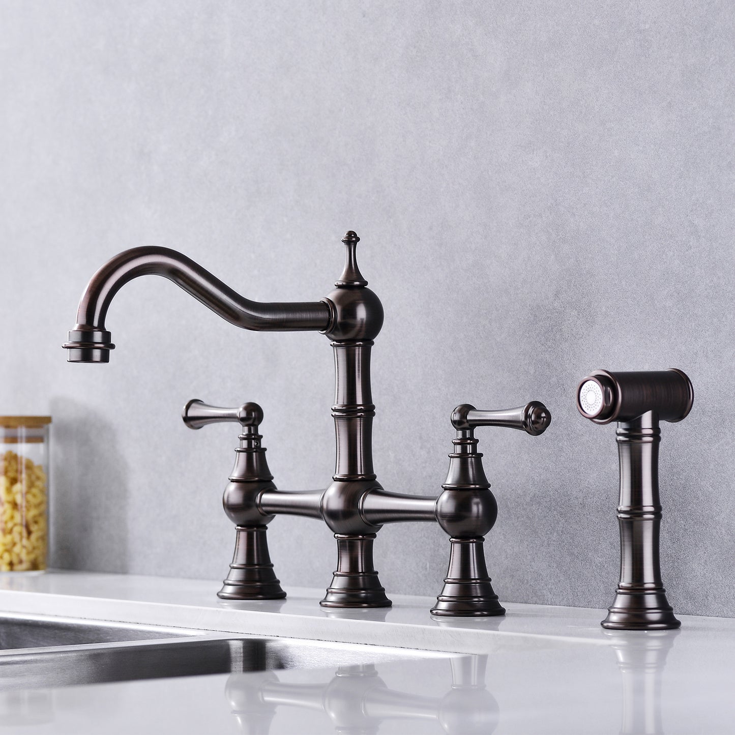 8 inch Centerset Bridge Kitchen Faucet with Brass Side Sprayer 2 Handles 4 Holes Antique Classic Heritage Deck-Mount Kitchen Sink Faucet