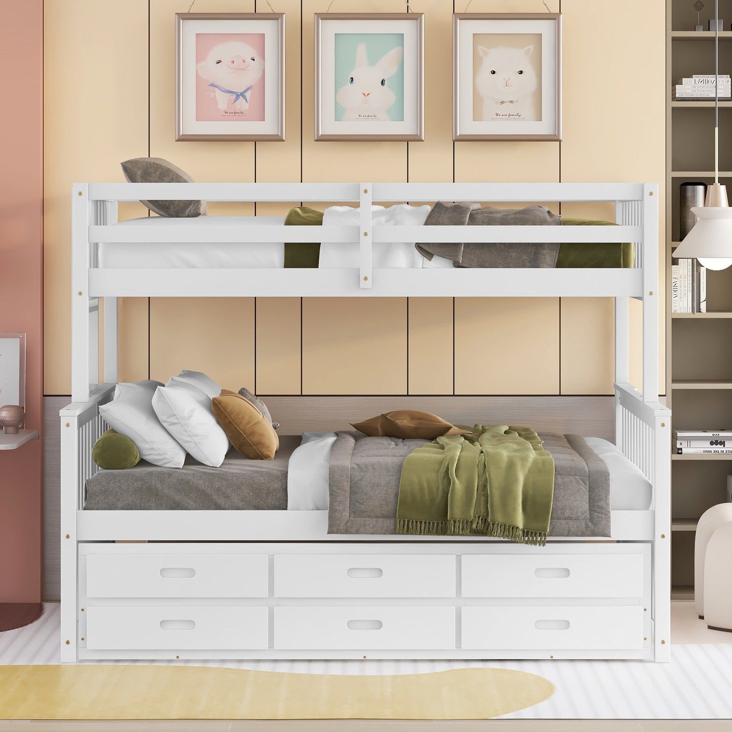 Playful Twin-Over-Full Bunk Bed with Trundle and Drawers - White