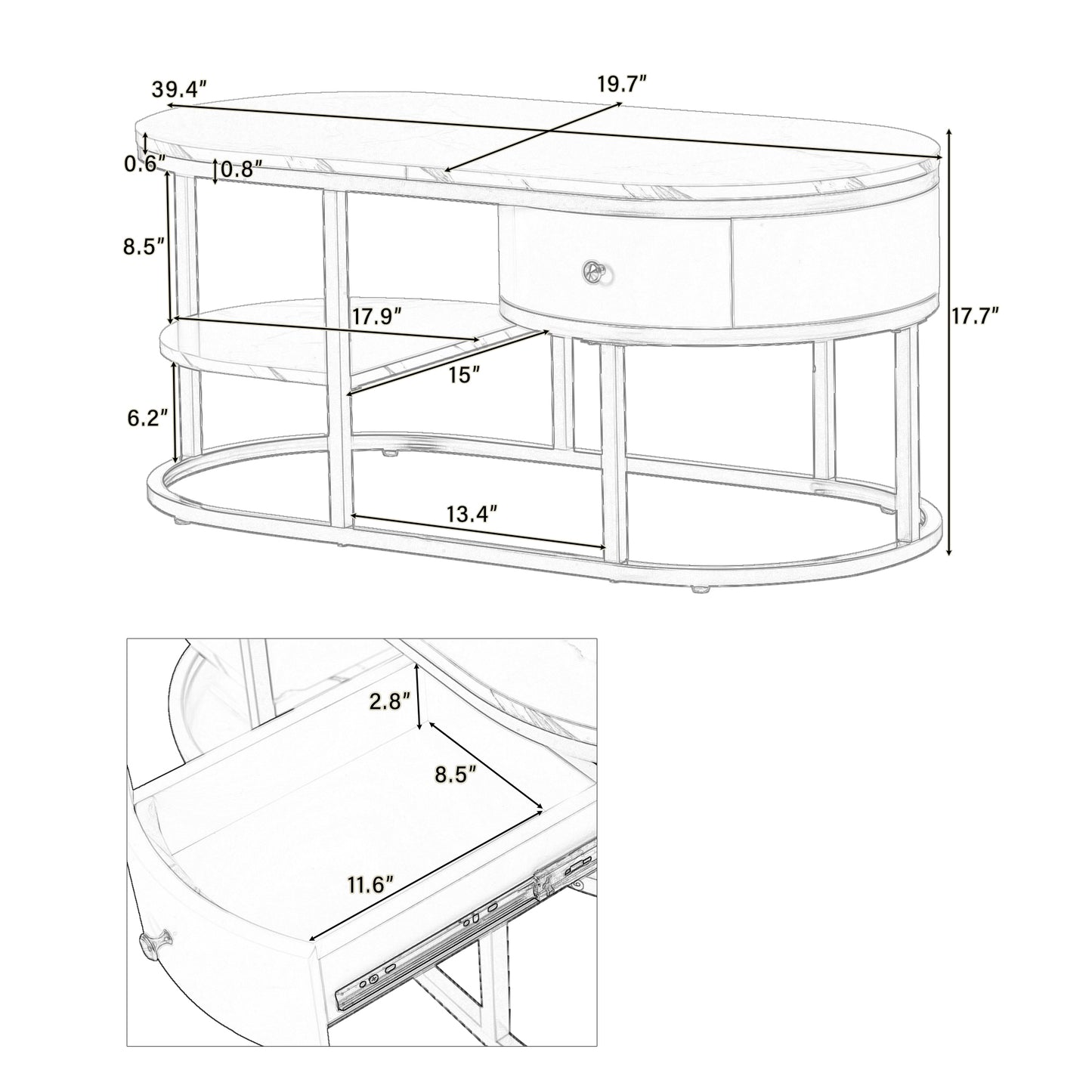 Golden Marble Coffee Table with Metal Frame, Drawers & Shelves for Living Room