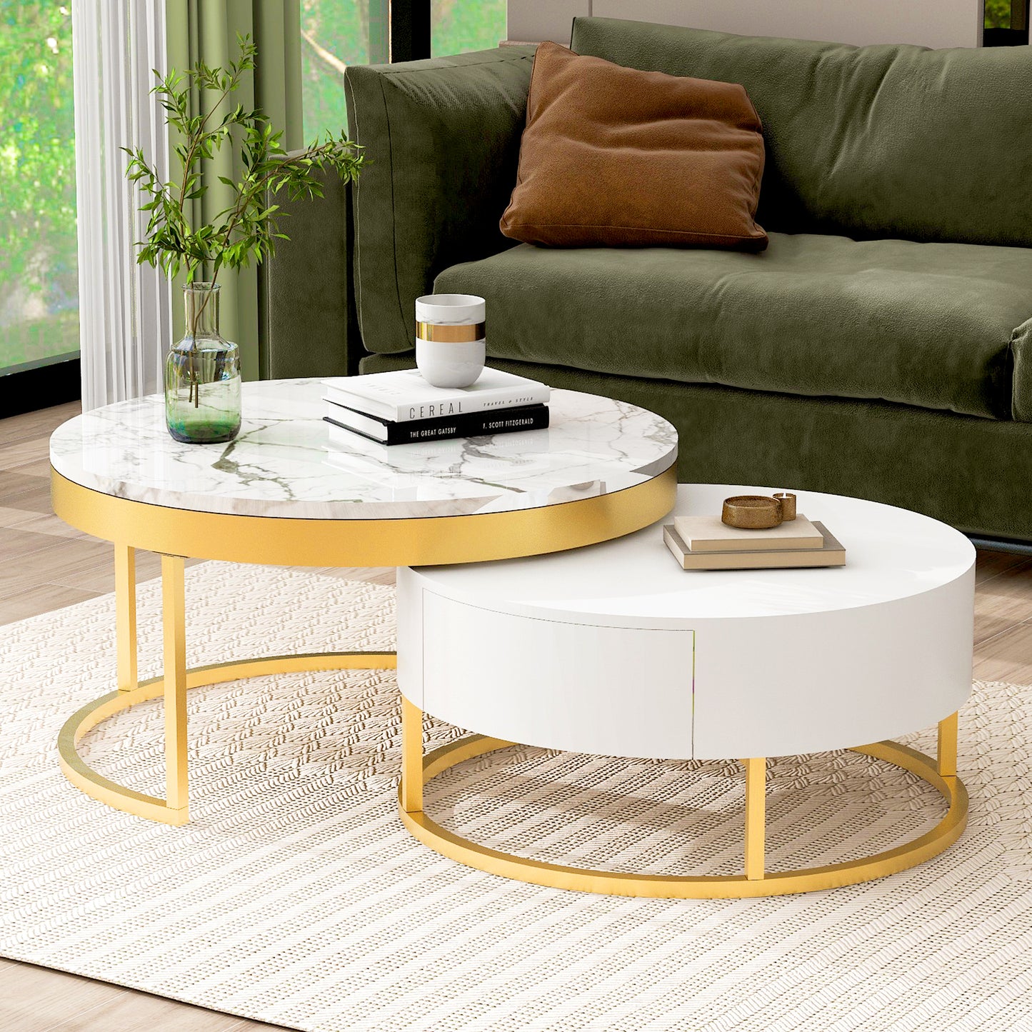 Contemporary White and Gold Nesting Coffee Table with Storage Drawers