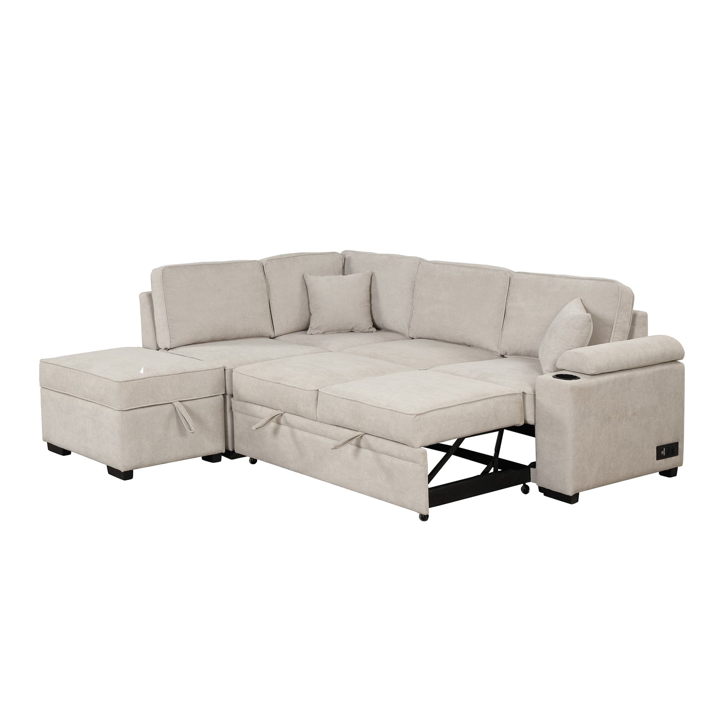 87.4 Beige L-Shape Sleeper Sofa Bed with Storage Ottoman