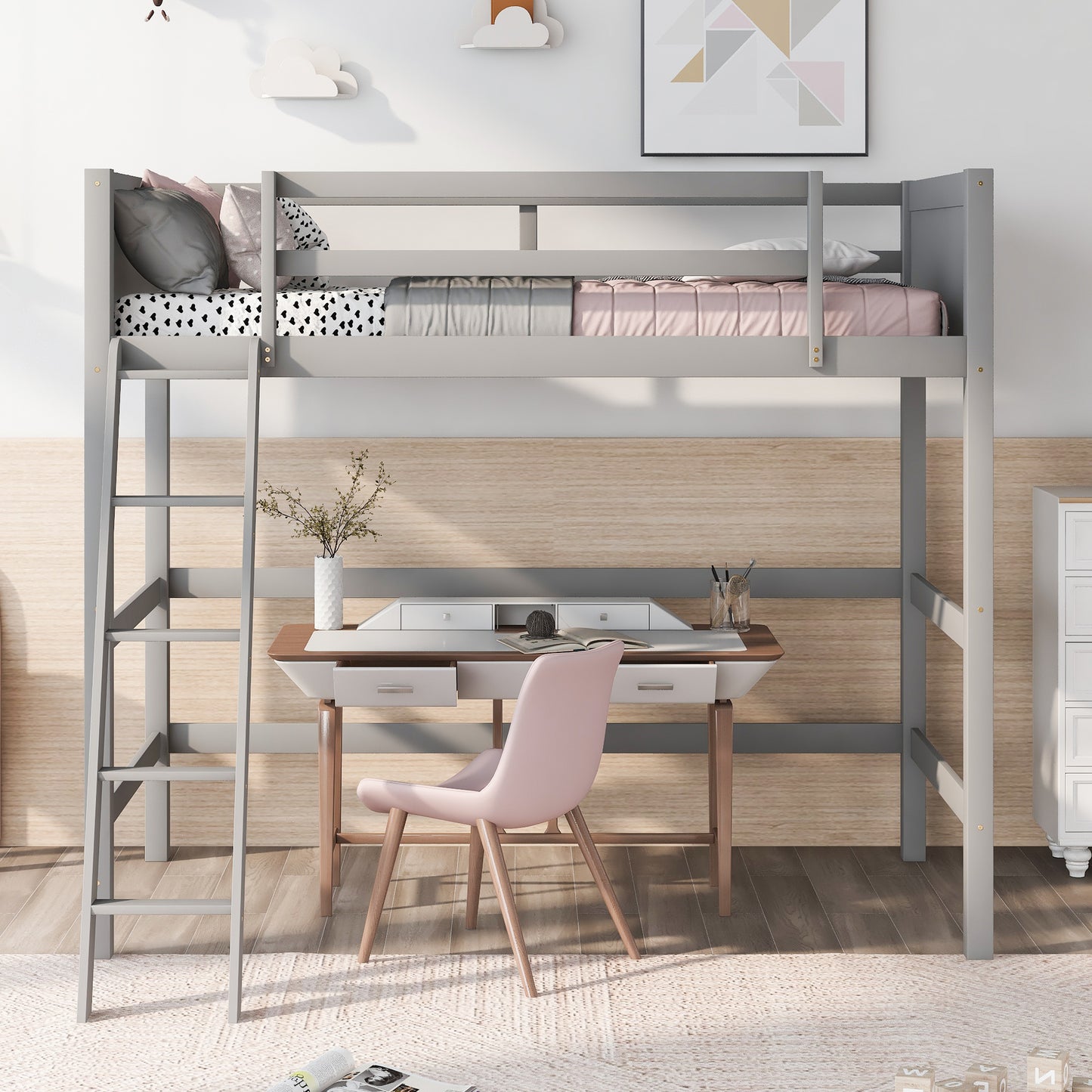 Solid Wood Twin Size Loft Bed with Ladder(Gray)(: WF191903AAE)