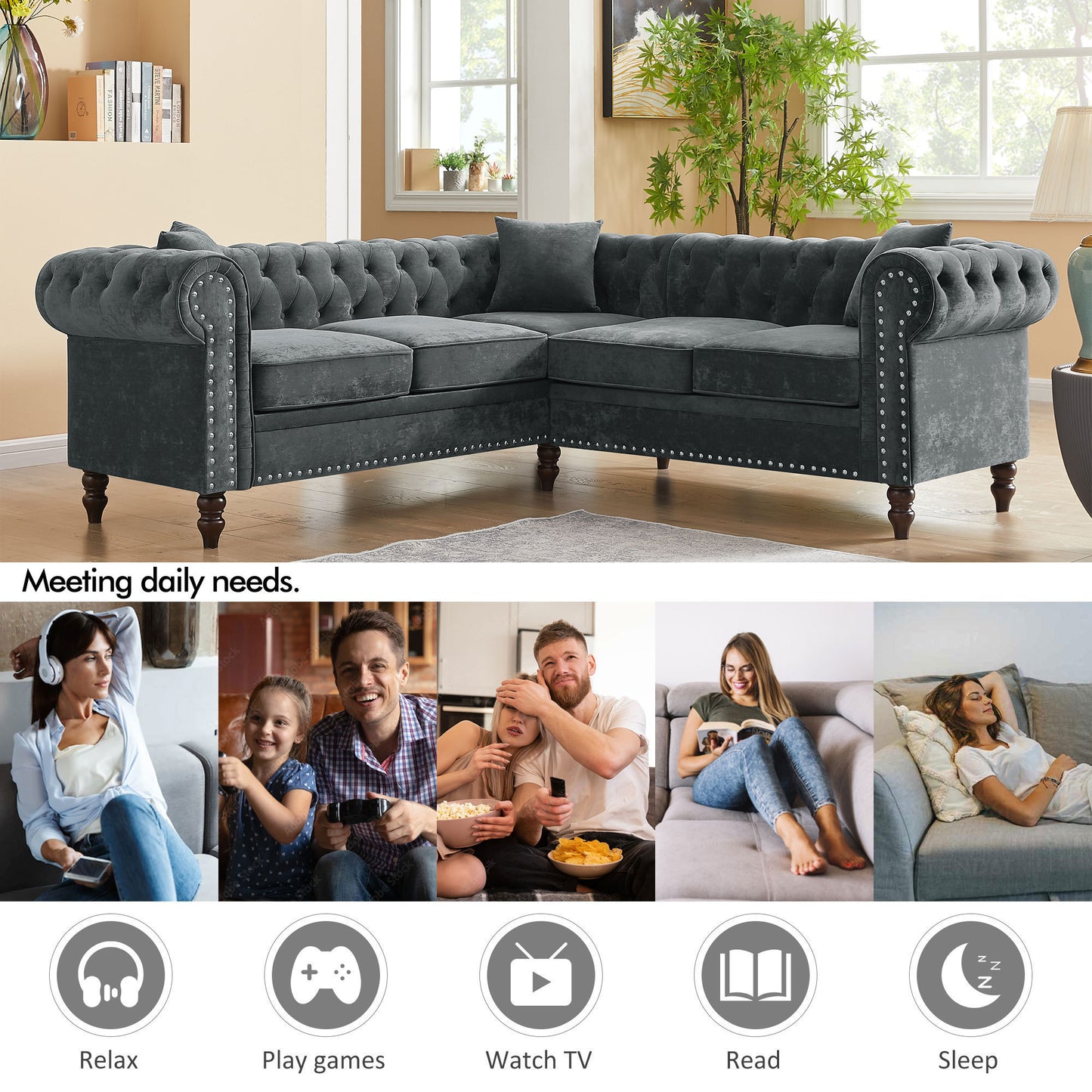 MH 80 Deep Button Tufted Upholstered Grey Velvet L-shaped Sofa with 3 Pillows and Solid Wood Gourd Legs