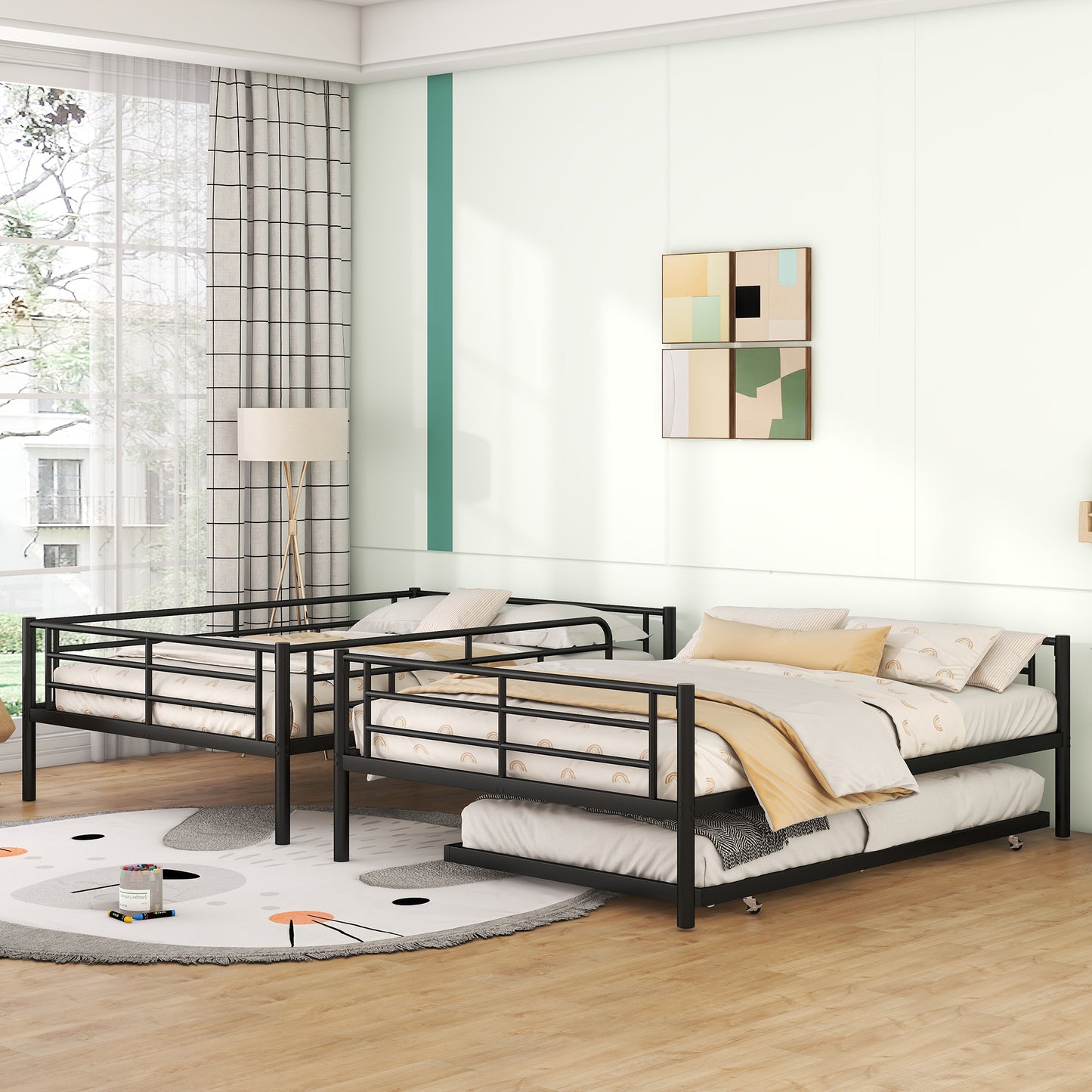 Stylish Contemporary Metal Bunk Bed with Trundle - Sleek Black Design