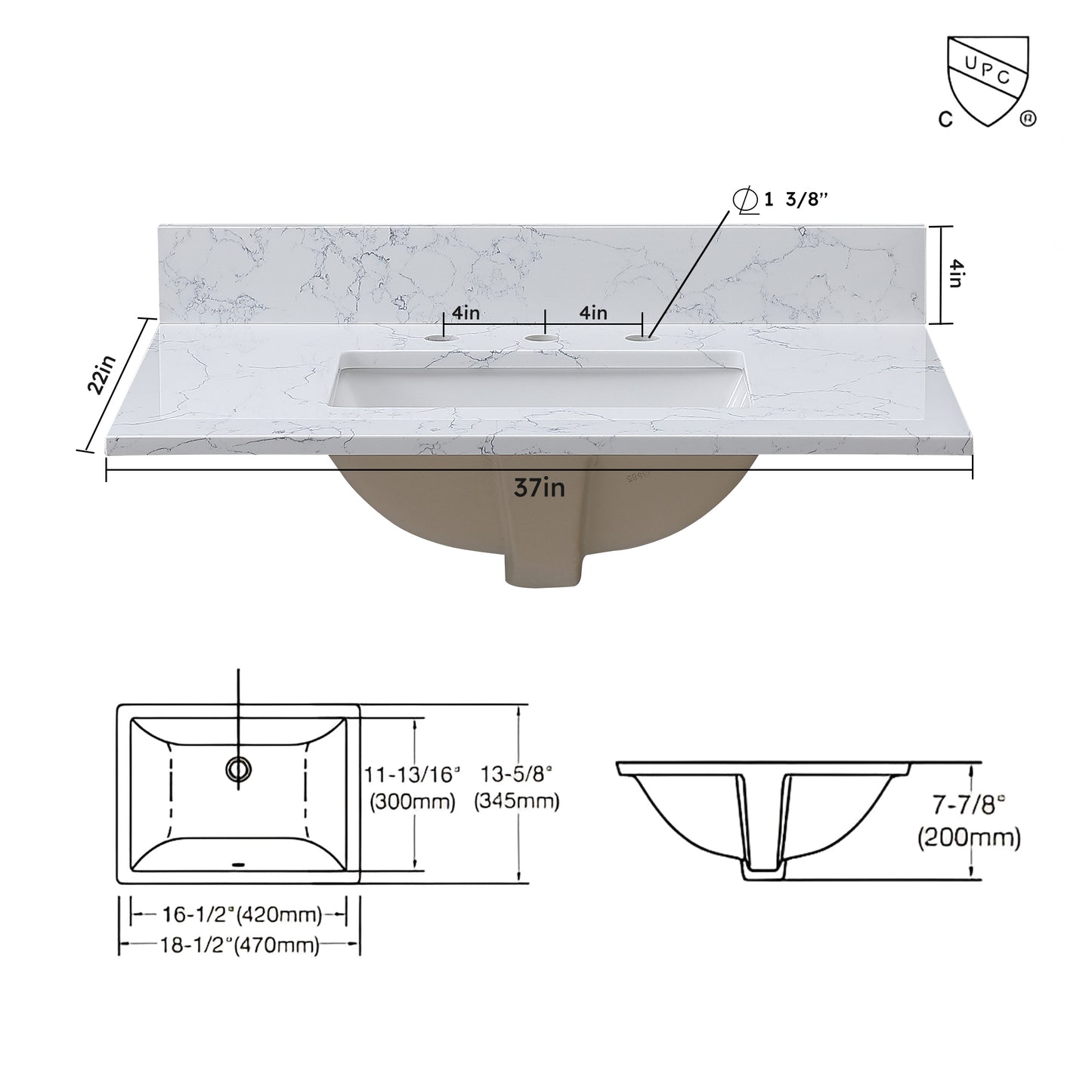 Montary 37"x 22" bathroom stone vanity top Carrara jade engineered marble color with undermount ceramic sink and 3 faucet hole with backsplash