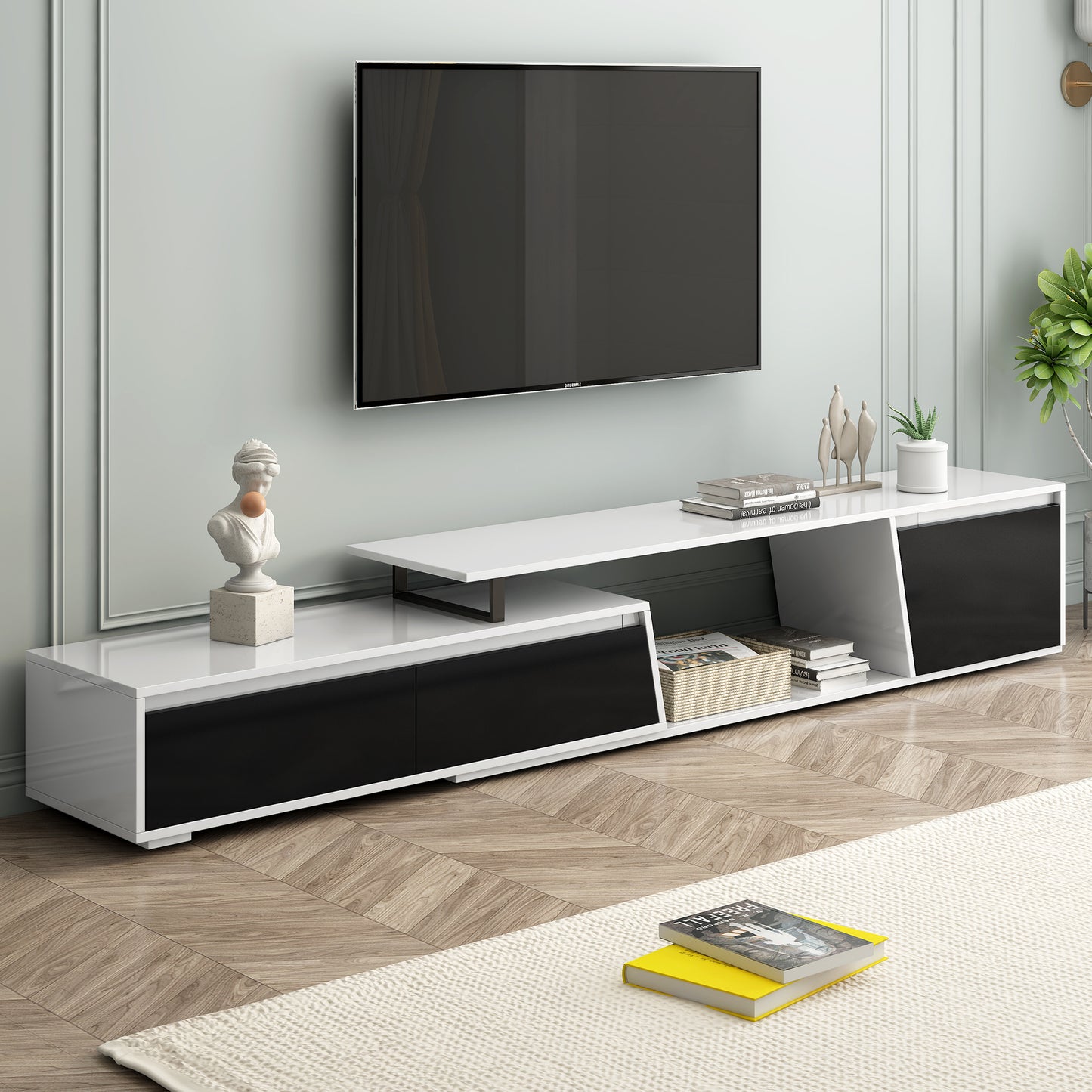 Rectangular Extendable TV Stand with Drawers and Cabinet for Living Room, Up to 100''