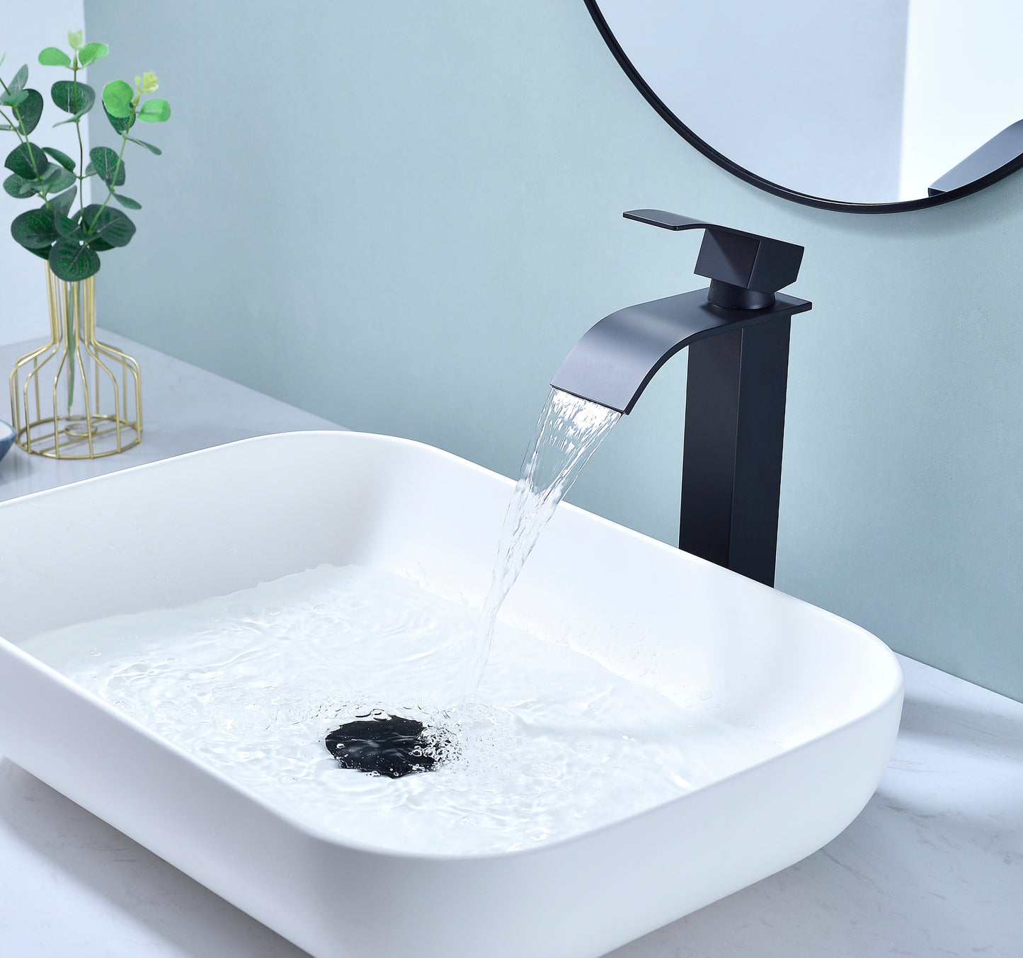 Waterfall Spout Stainless Steel Bathroom Faucet with Matte Black Finish