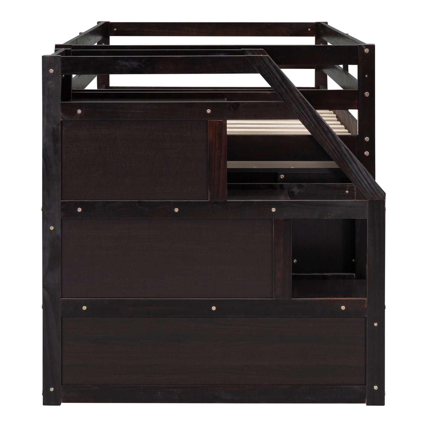 Twin Size Loft Bed with Retractable Writing Desk and 3 Drawers, Wooden Loft Bed with Storage Stairs and Shelves, Espresso