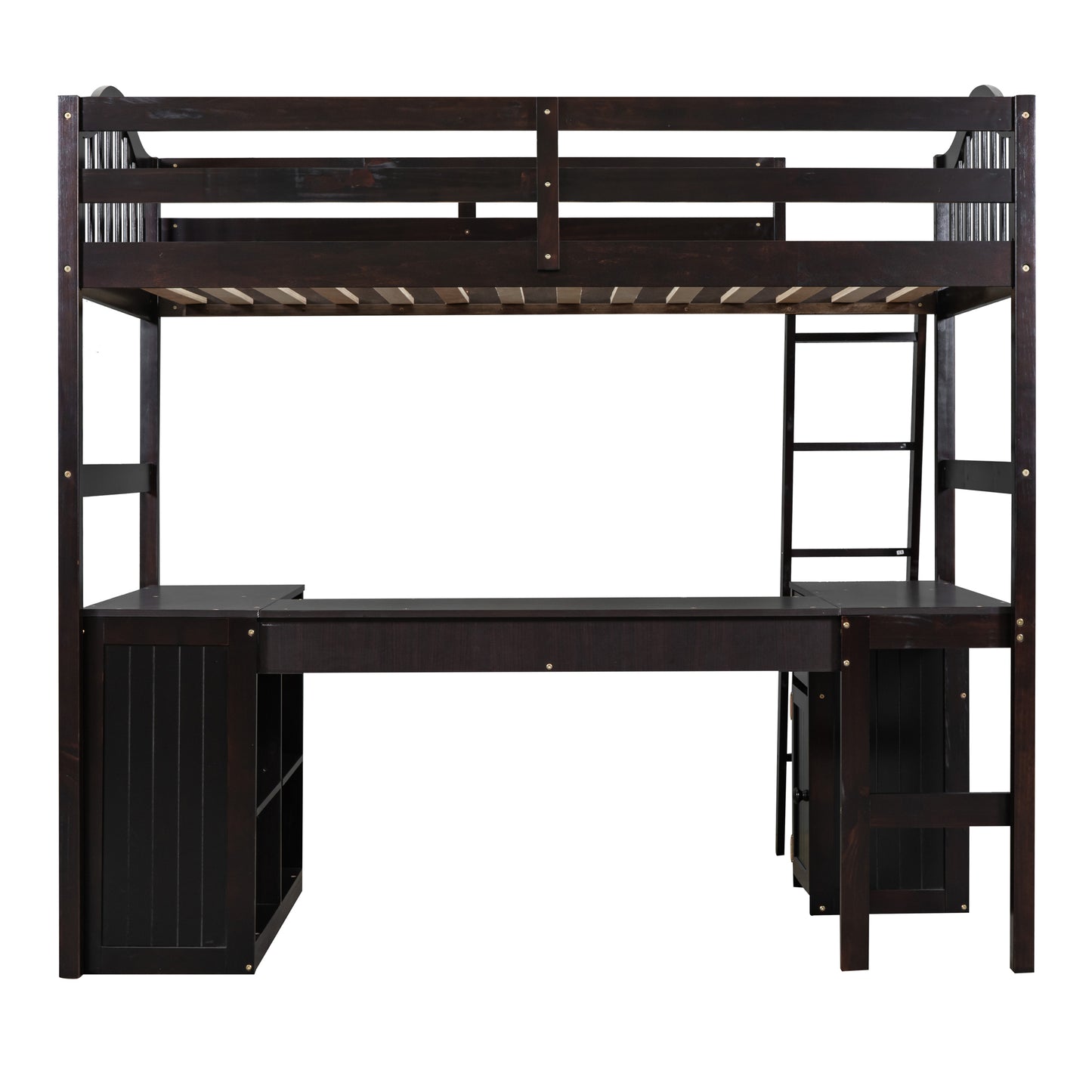 Twin size Loft Bed with Drawers, Cabinet, Shelves and Desk, Wooden Loft Bed with Desk - Espresso( :LT000505AAP)