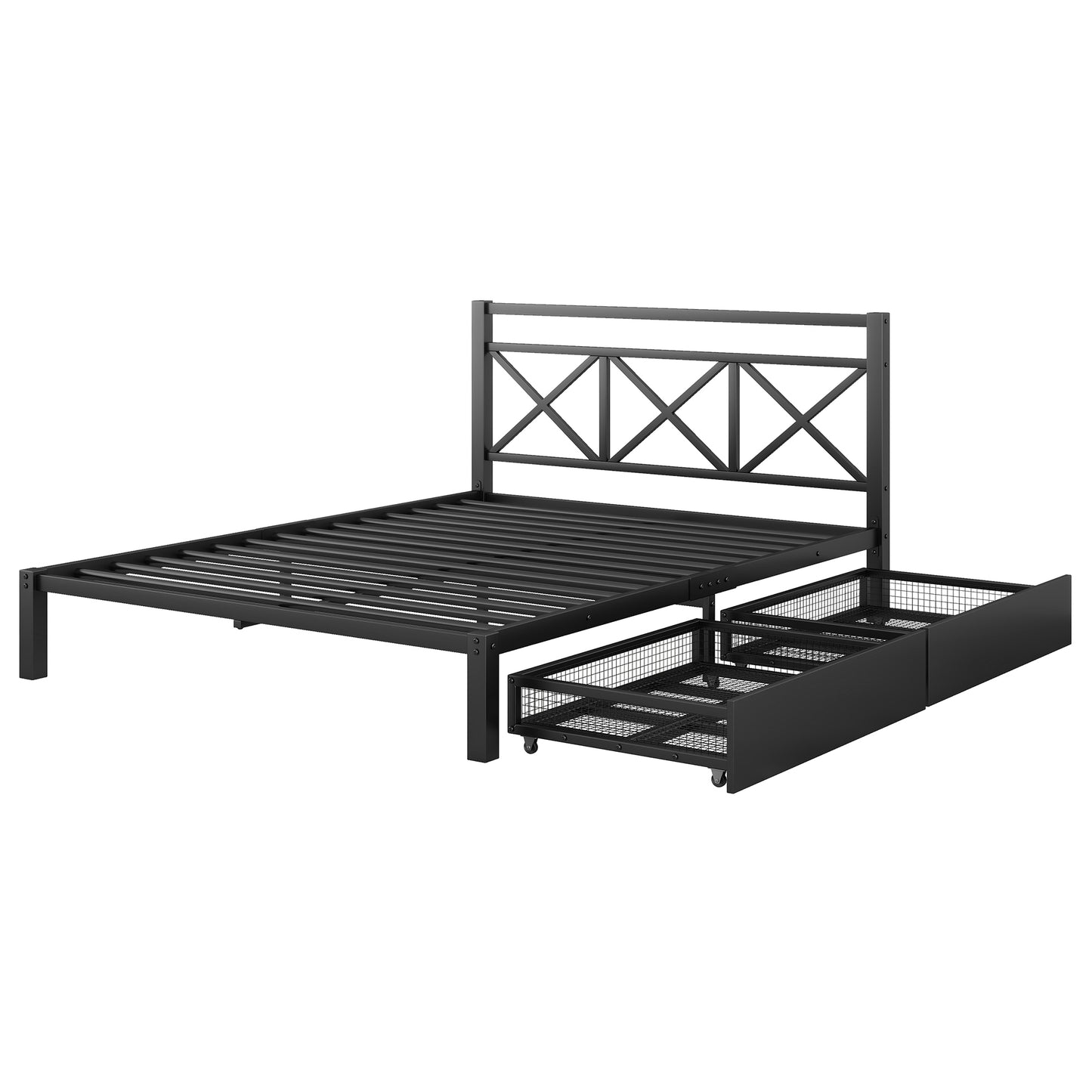 Metal Platform Bed with 2 Drawers, Queen (Black)