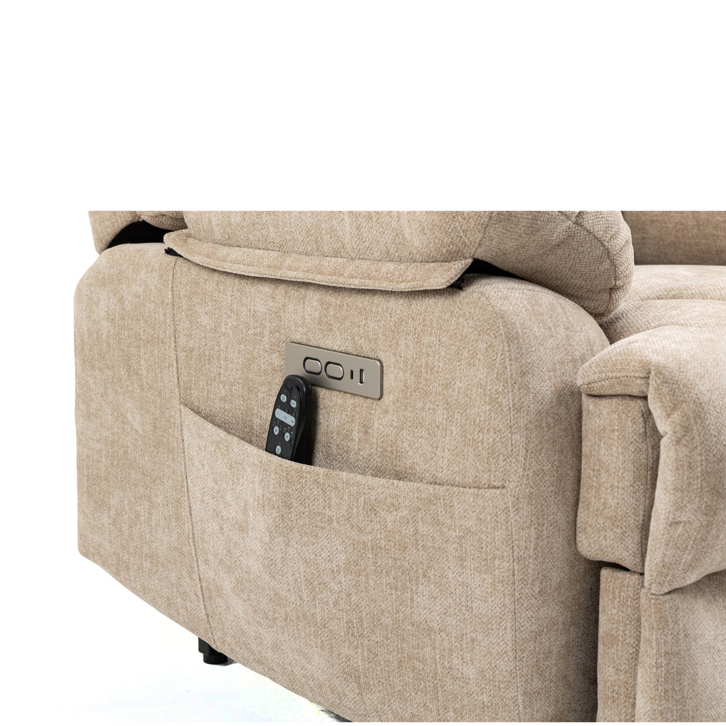 Beige Chenille Power Lift Recliner Chair with Massage, Heat, and USB Port for Extra Large Size