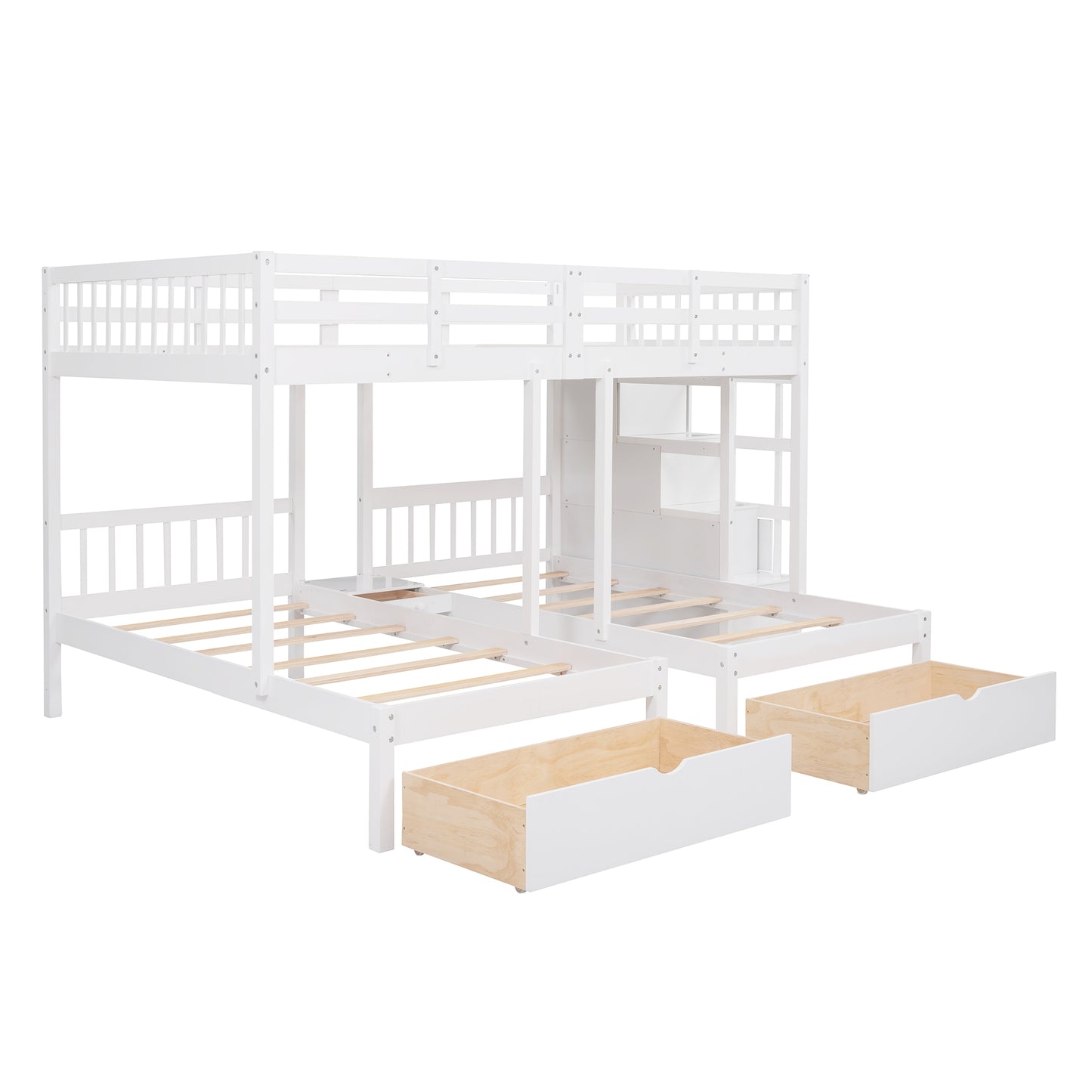 Three-Level Wooden Bunk Bed with Drawers, Full Over Twin & Twin Bunk Bed with Guardrails (White)