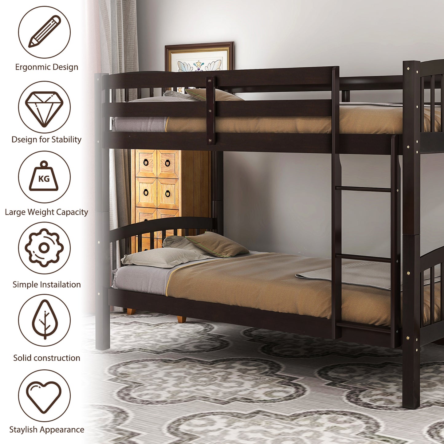 Espresso Double Bunk Bed with Ladder