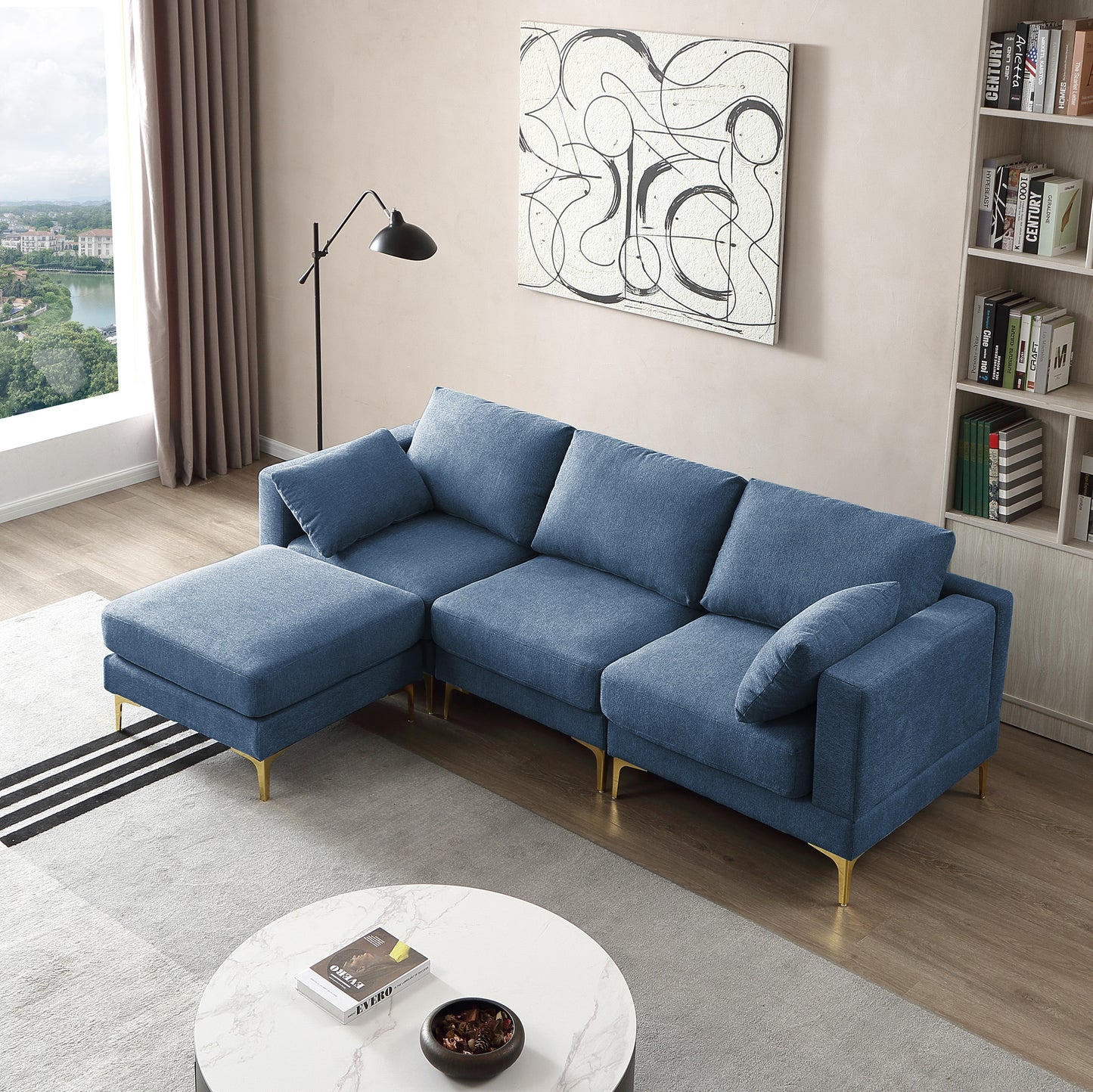 ADF Living Room Furniture Modern Leisure L Shape Couch Blue Fabric