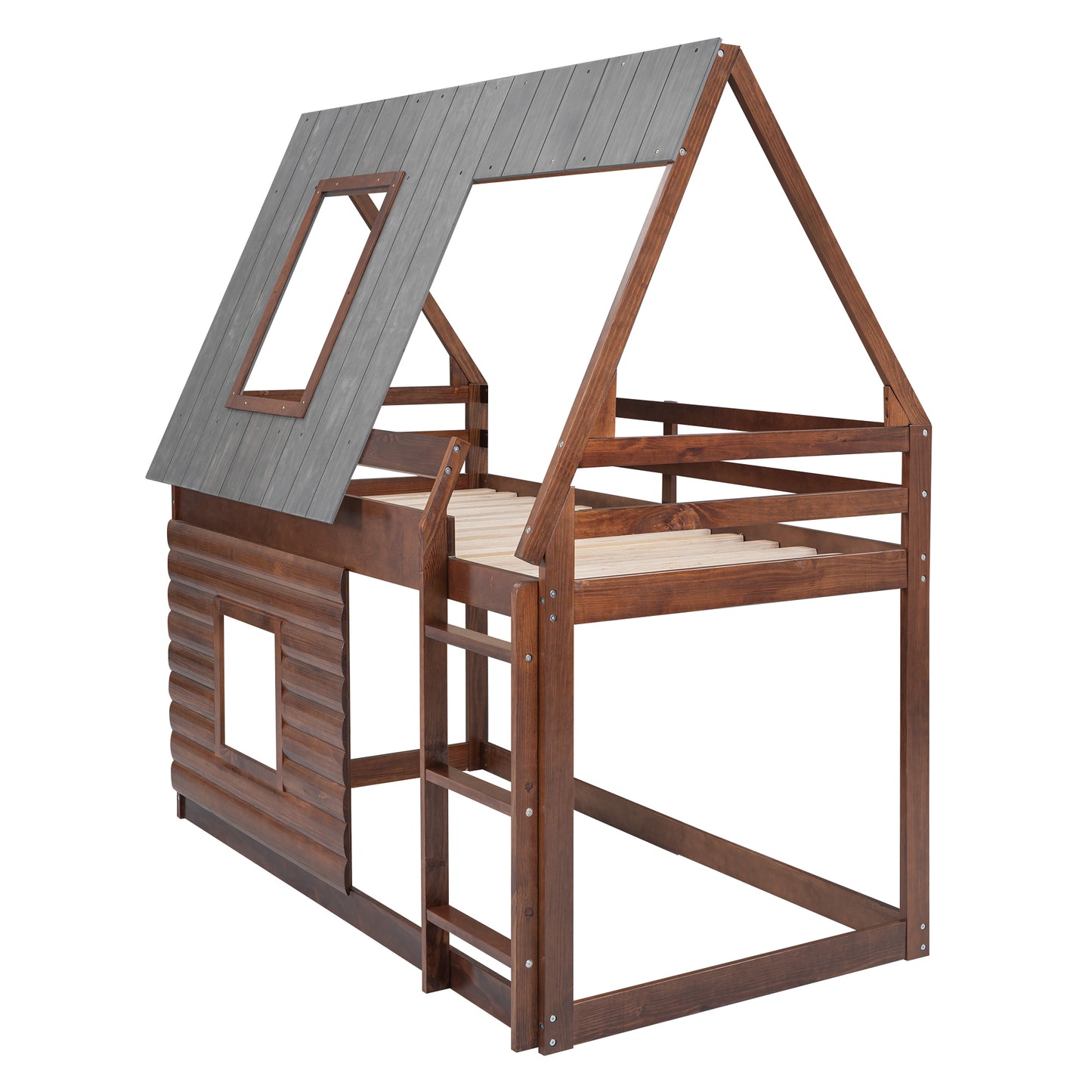 Cozy Rustic Oak and Smoky Grey House Bunk Bed with Roof, Ladder, and Windows for Kids