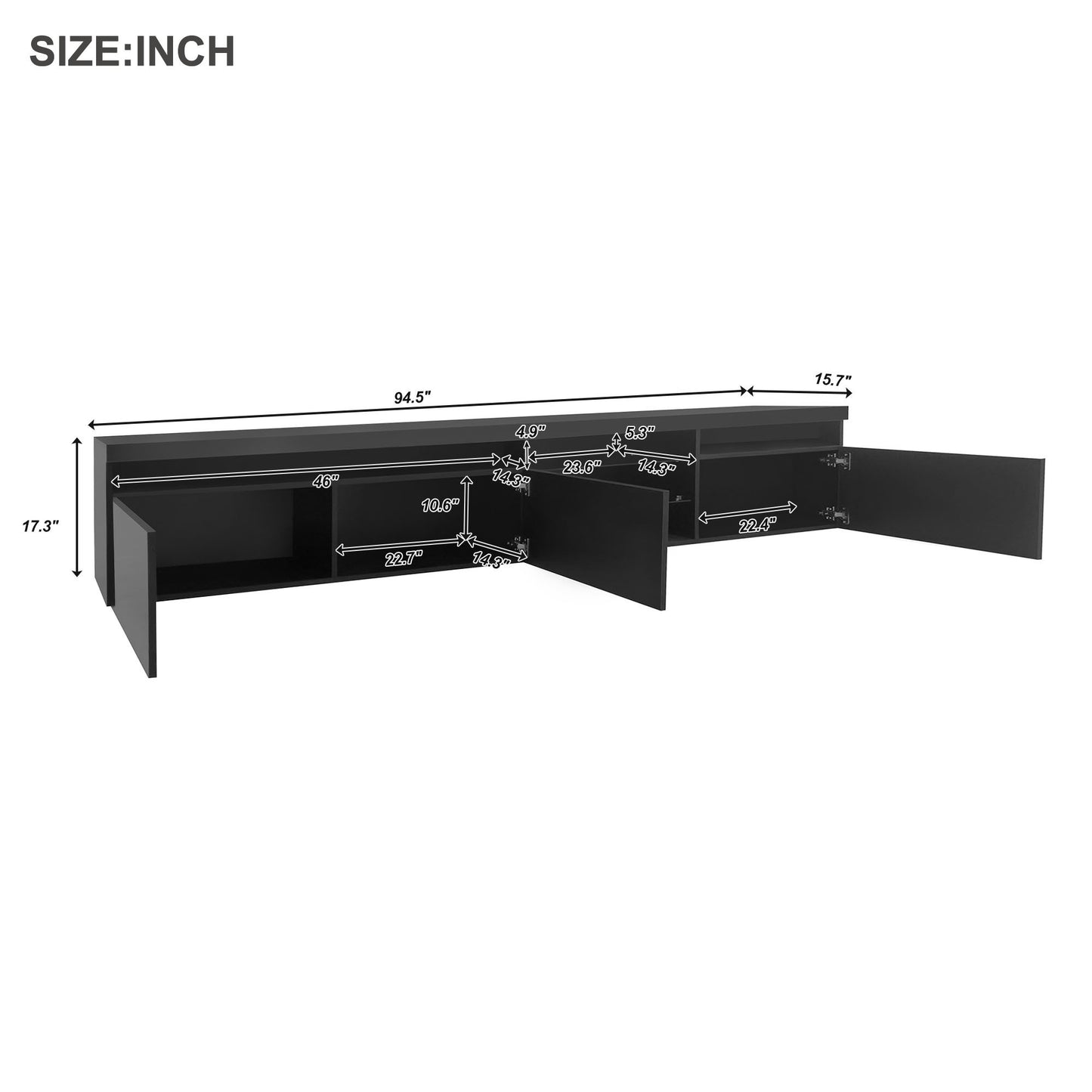 Contemporary Black LED TV Stand with Glass Shelves and Ample Storage Space