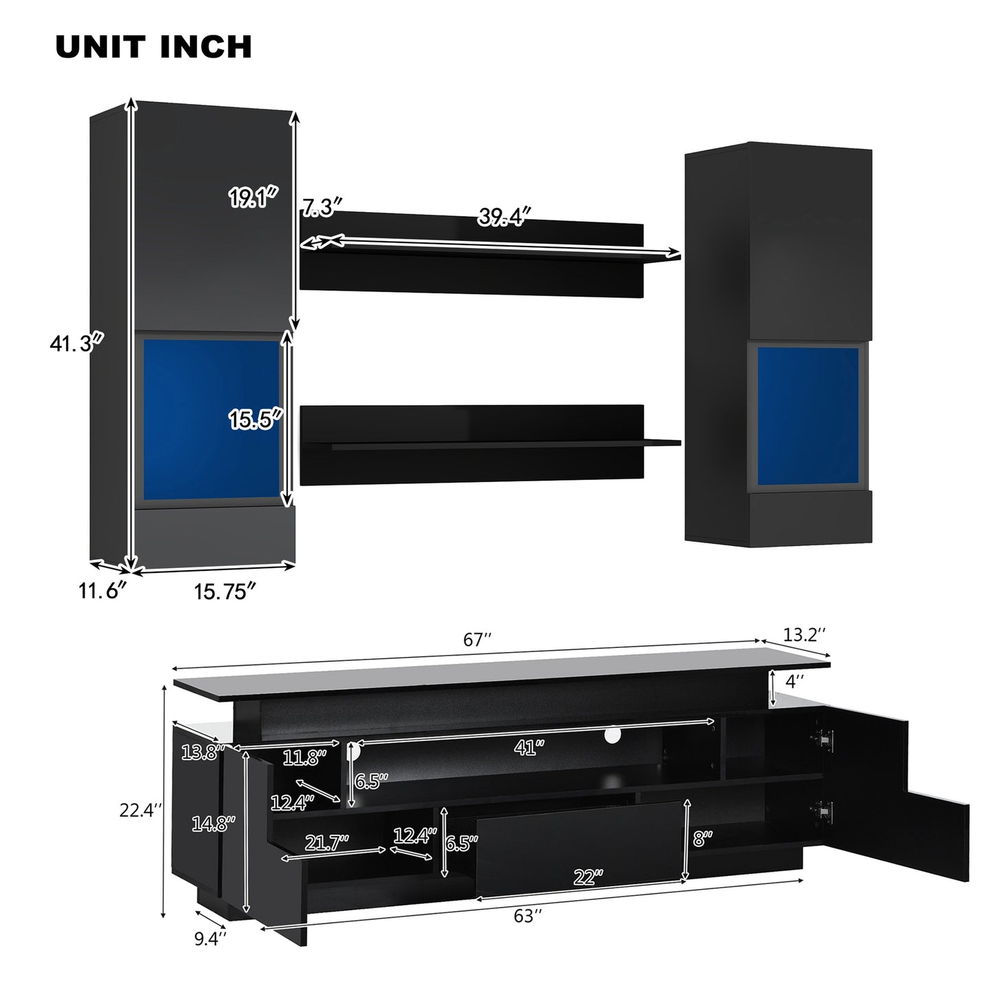 5-Piece Modern Black Floating TV Stand Set with LED Lights